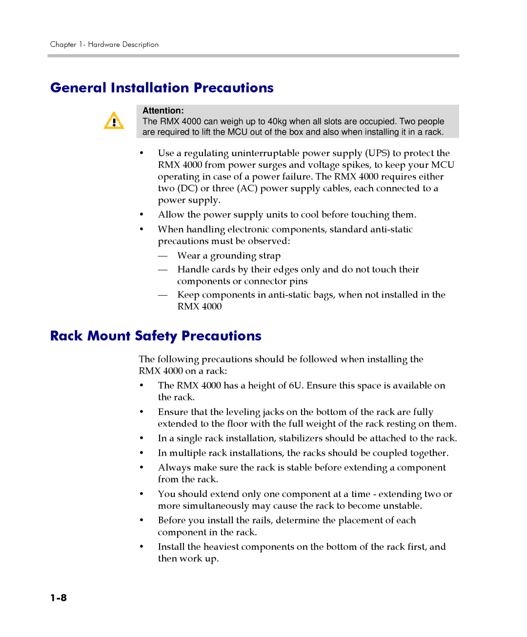 Polycom DOC2559C manual General Installation Precautions, Rack Mount Safety Precautions 