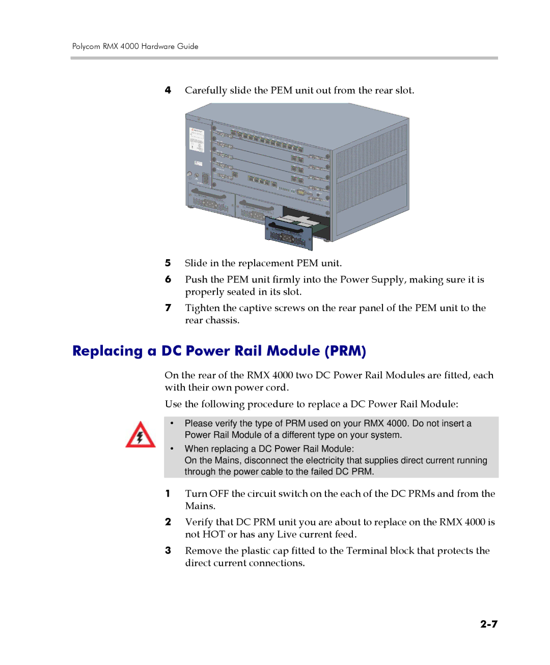 Polycom DOC2559C manual Replacing a DC Power Rail Module PRM 