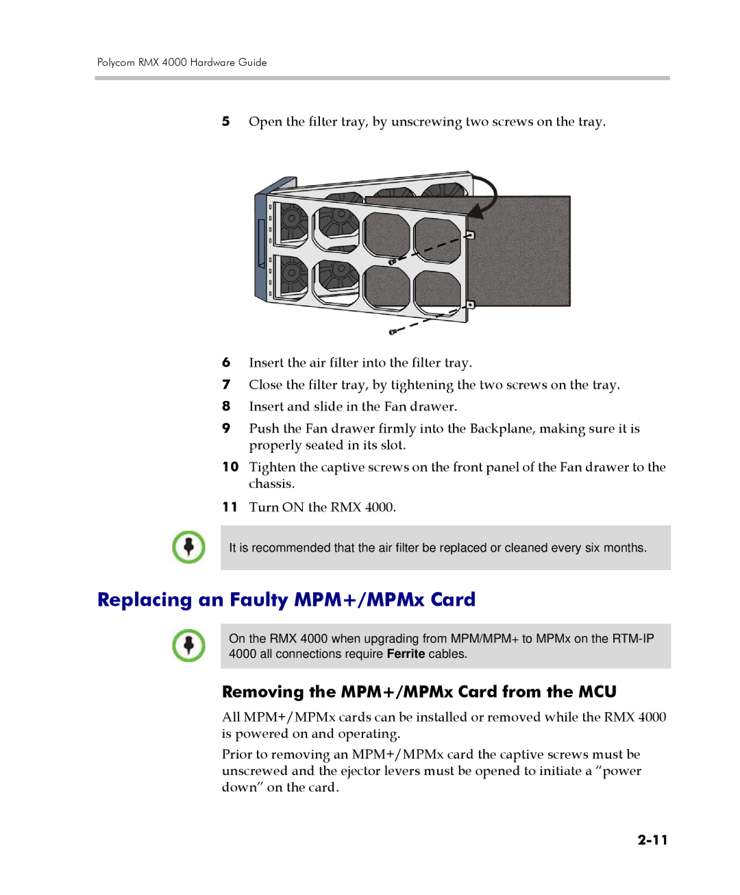 Polycom DOC2559C manual Replacing an Faulty MPM+/MPMx Card, Removing the MPM+/MPMx Card from the MCU 