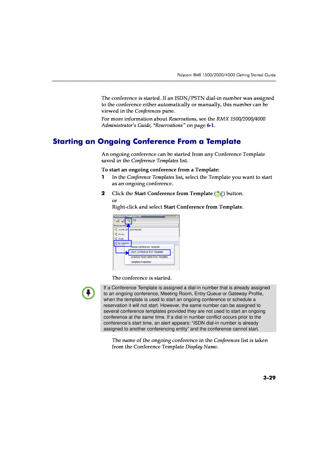 Polycom DOC2560A manual Starting an Ongoing Conference From a Template, Administrator’s Guide, Reservations” on page, 3-29 
