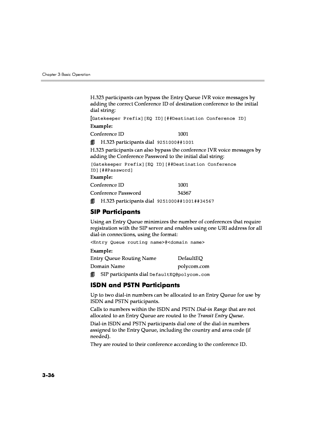 Polycom DOC2560A manual ISDN and PSTN Participants, 3-36, SIP Participants, Example 