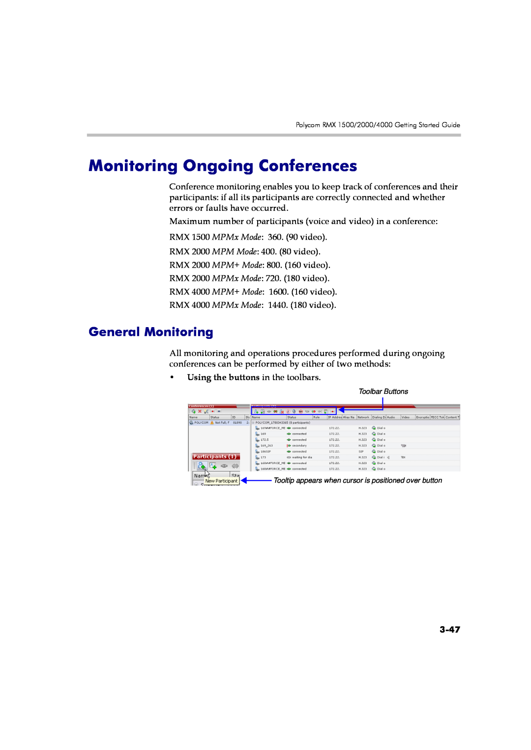 Polycom DOC2560A manual Monitoring Ongoing Conferences, General Monitoring, Using the buttons in the toolbars, 3-47 
