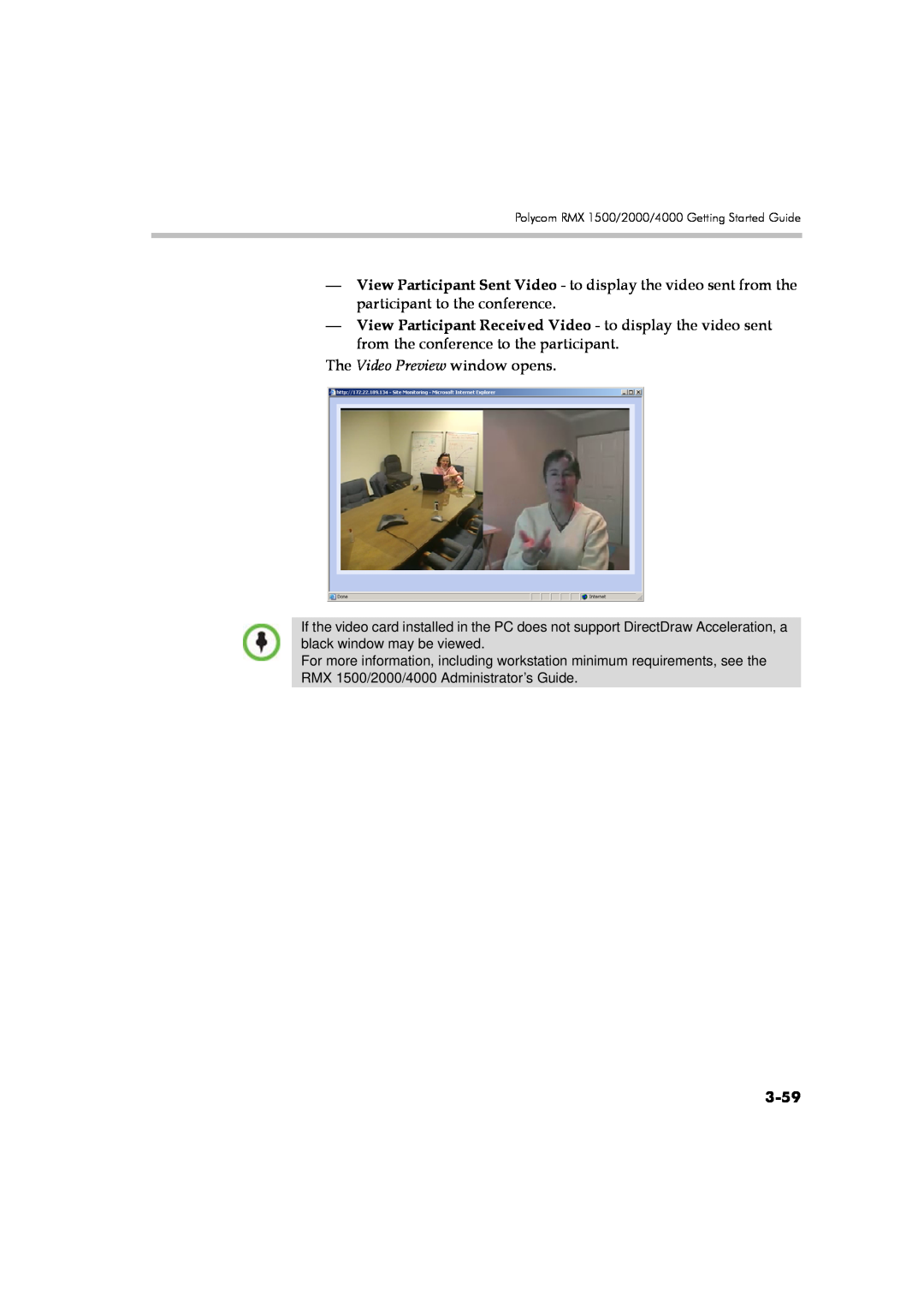Polycom DOC2560A manual 3-59, The Video Preview window opens 