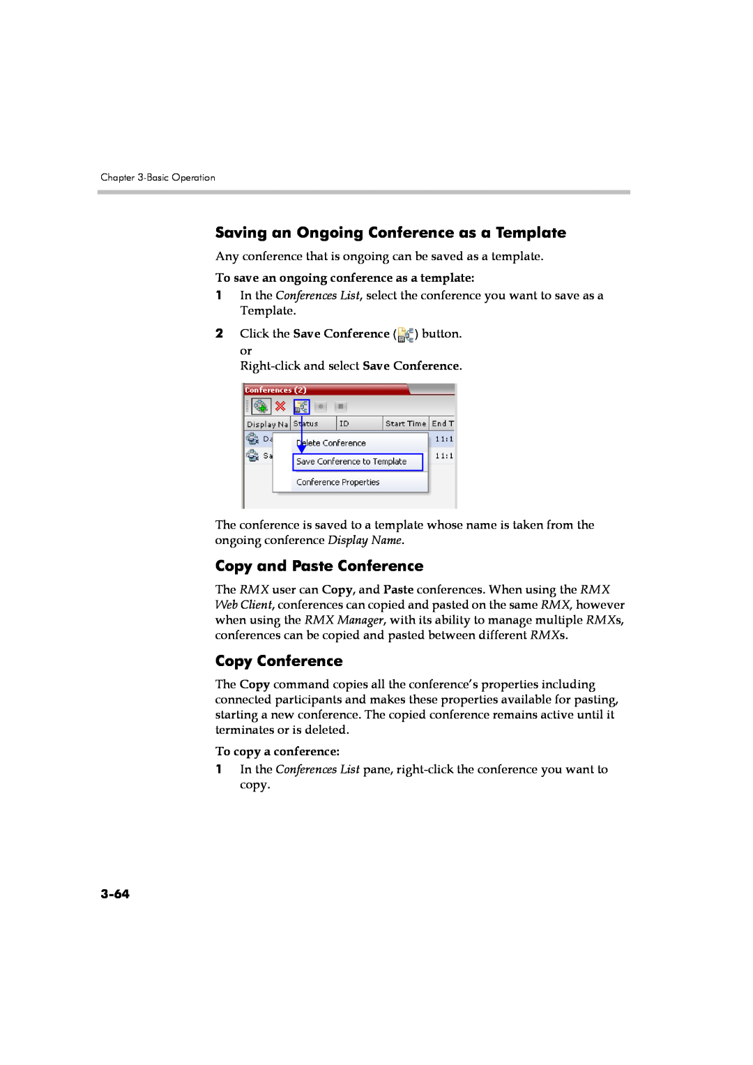 Polycom DOC2560A manual Saving an Ongoing Conference as a Template, Copy and Paste Conference, Copy Conference, 3-64 