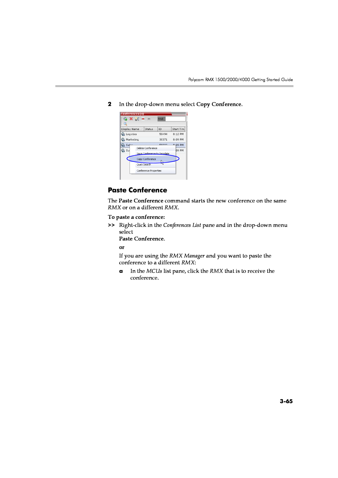 Polycom DOC2560A manual To paste a conference, Paste Conference. or, 3-65 