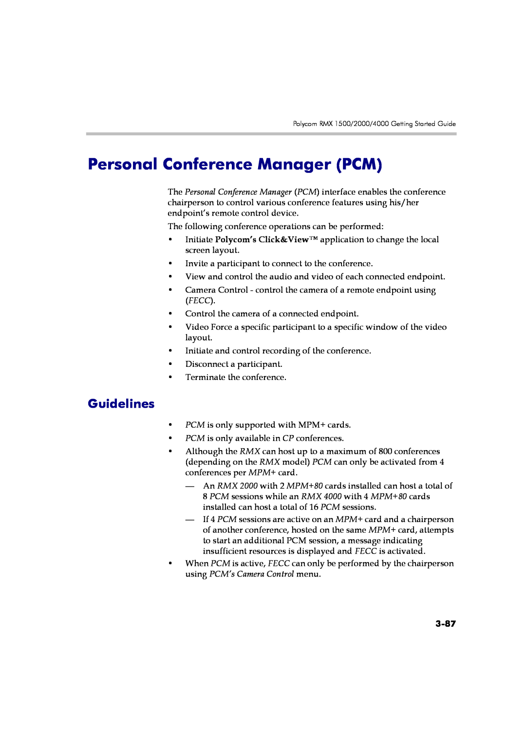 Polycom DOC2560A manual Personal Conference Manager PCM, Guidelines, 3-87 
