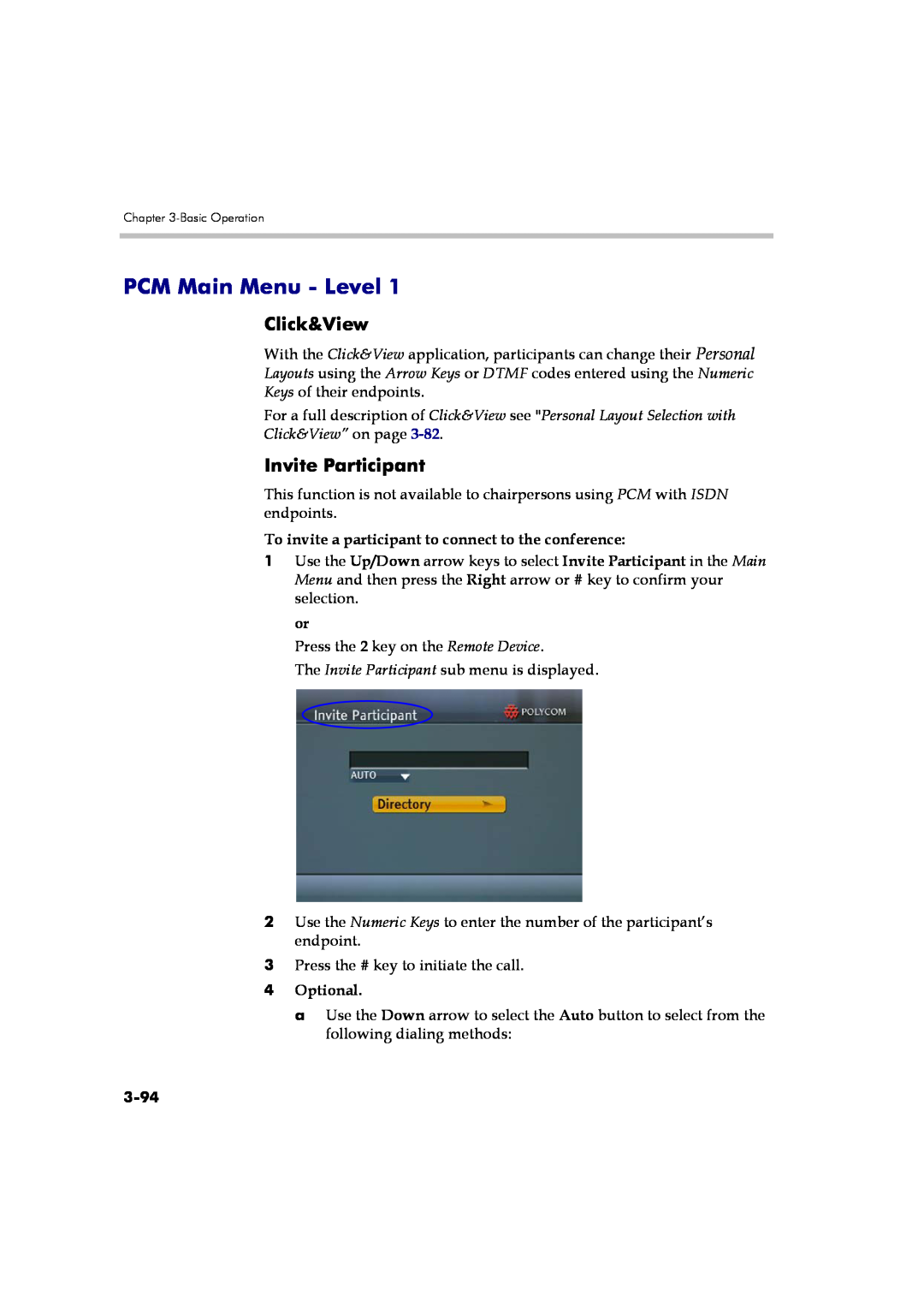 Polycom DOC2560A manual PCM Main Menu - Level, Invite Participant, Click&View” on page, Optional, 3-94 