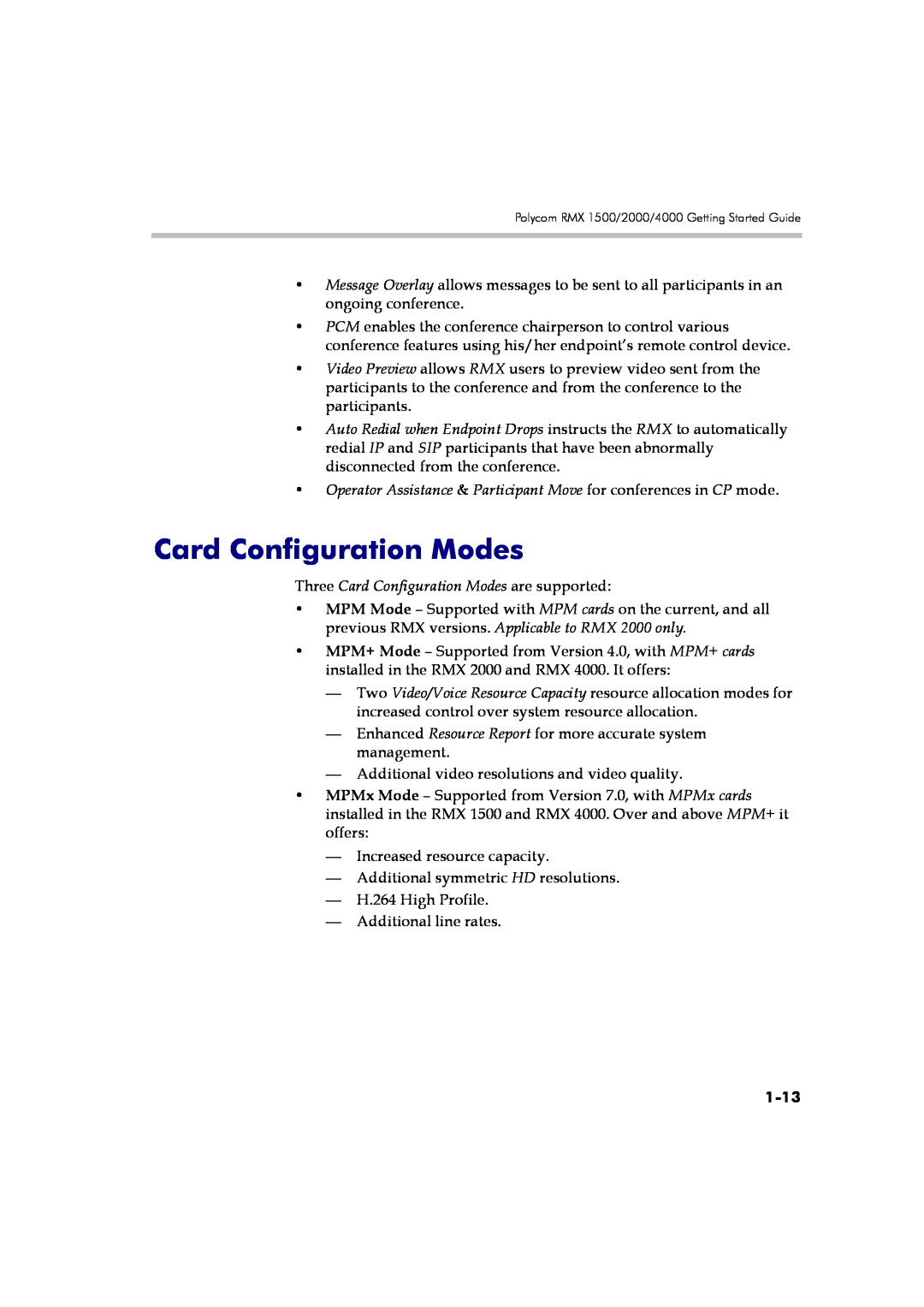 Polycom DOC2560A manual Card Configuration Modes, Operator Assistance & Participant Move for conferences in CP mode, 1-13 
