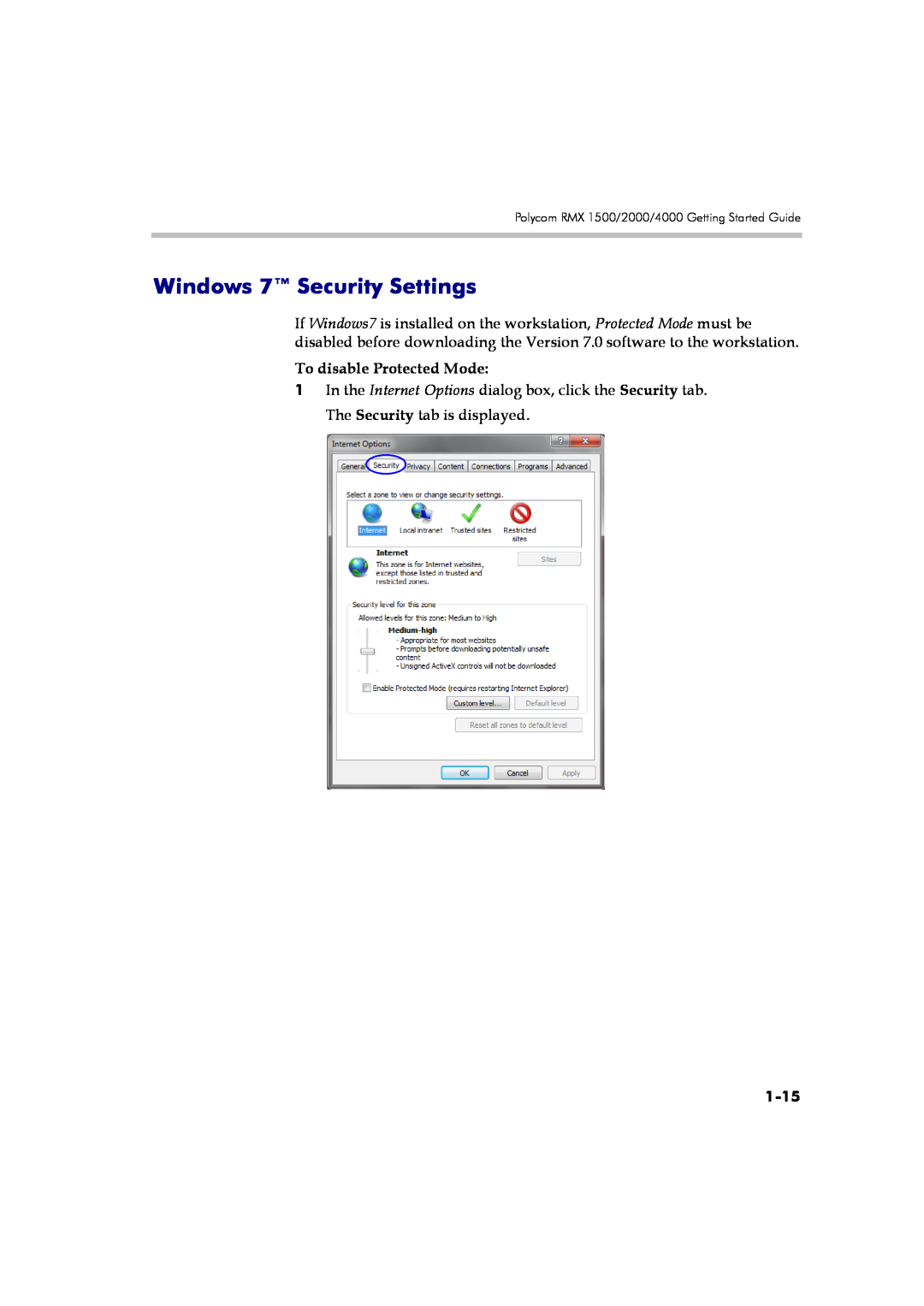 Polycom DOC2560A manual Windows 7 Security Settings, To disable Protected Mode, 1-15 