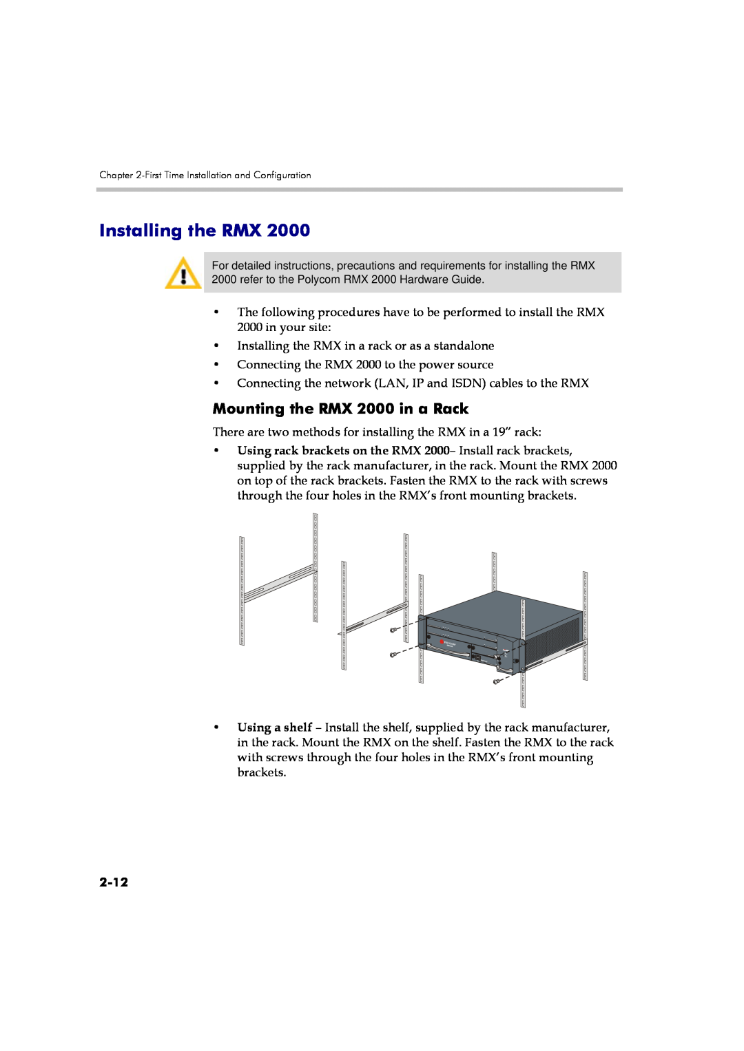 Polycom DOC2560A manual Mounting the RMX 2000 in a Rack, 2-12, Installing the RMX 