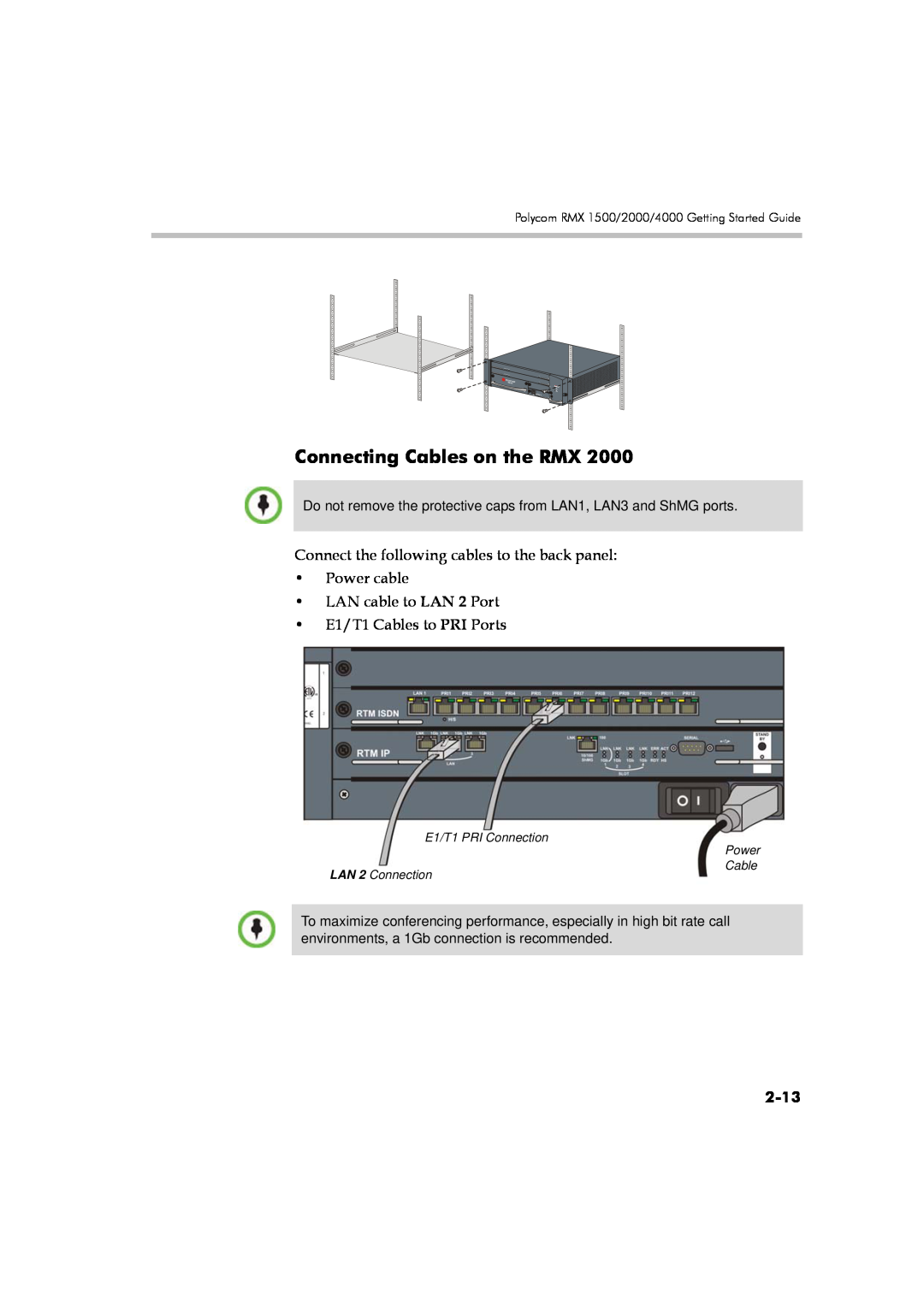 Polycom DOC2560A 2-13, Connecting Cables on the RMX, Do not remove the protective caps from LAN1, LAN3 and ShMG ports 