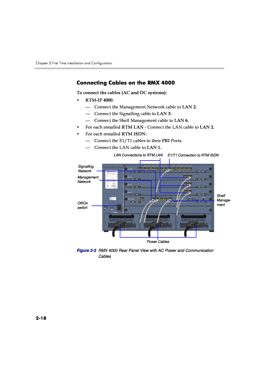 Polycom DOC2560A manual To connect the cables AC and DC systems RTM-IP, 2-18, Connecting Cables on the RMX 