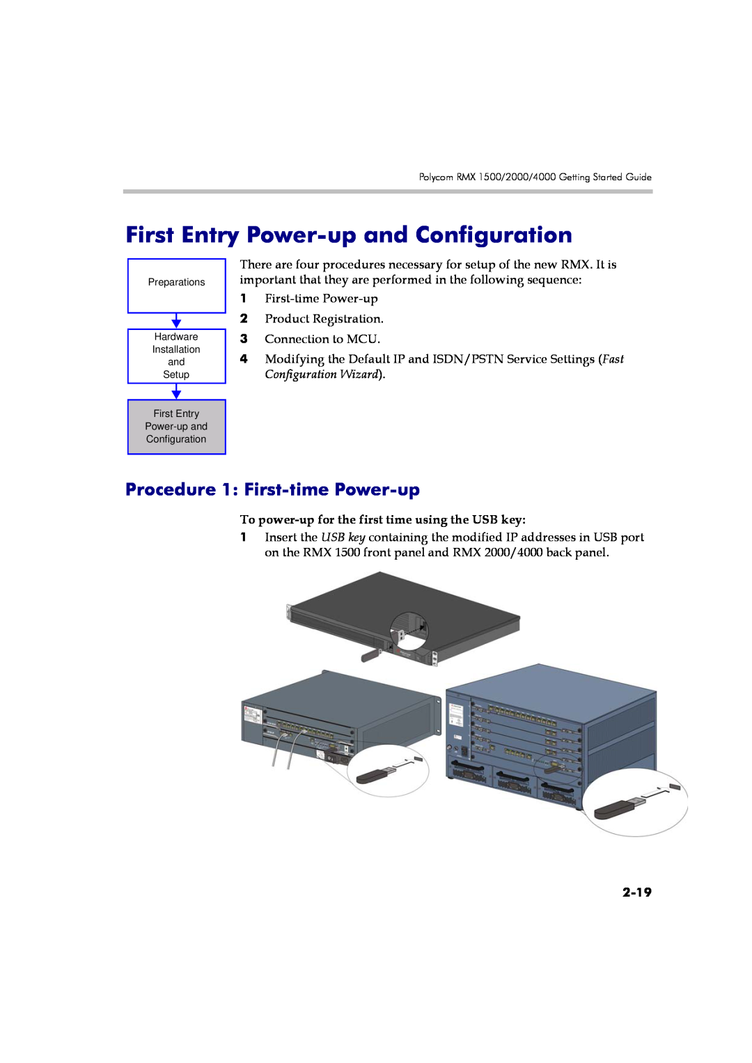 Polycom DOC2560A manual First Entry Power-up and Configuration, Procedure 1 First-time Power-up, 2-19 