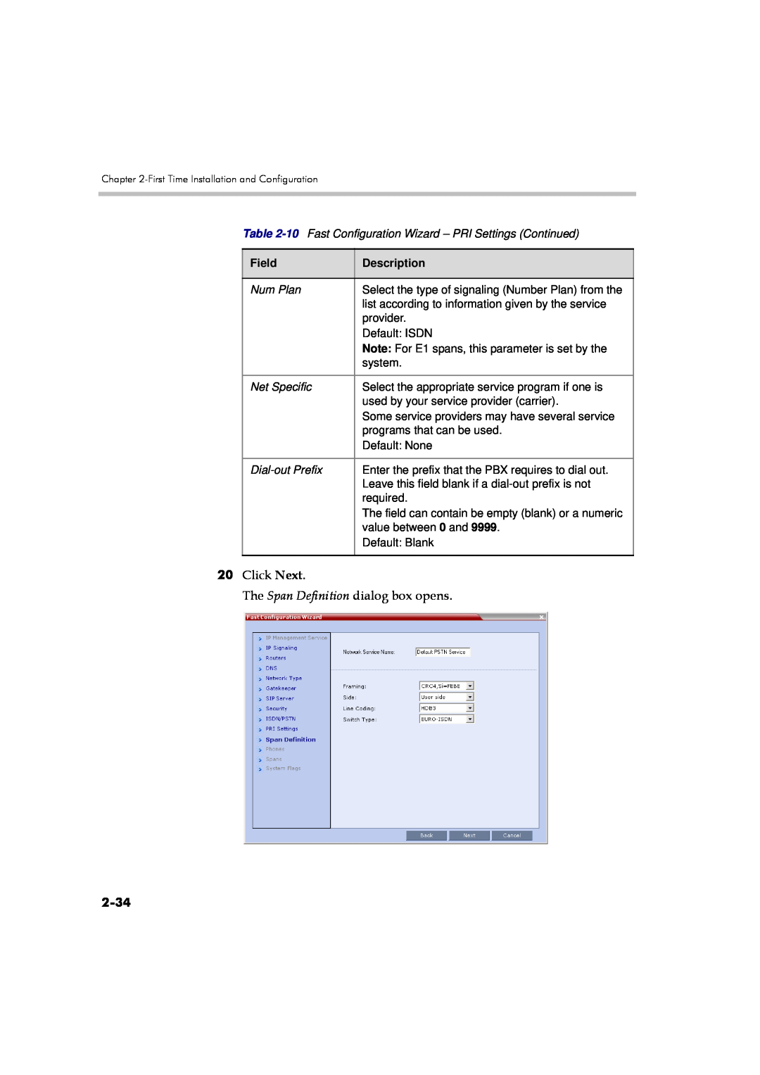 Polycom DOC2560A manual 2-34, Click Next The Span Definition dialog box opens, Field, Description 