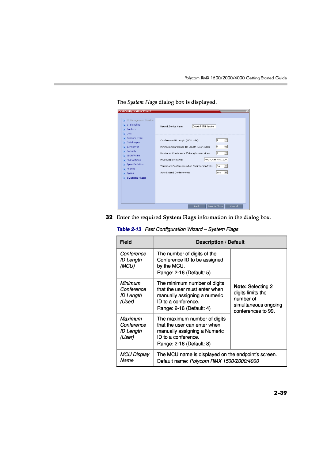 Polycom DOC2560A manual 2-39, The System Flags dialog box is displayed, Field, Description / Default 