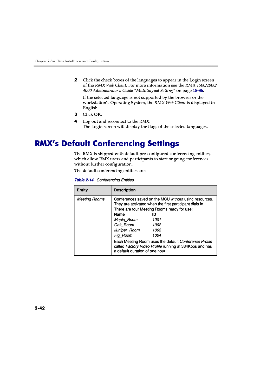 Polycom DOC2560A manual RMX’s Default Conferencing Settings, 2-42 