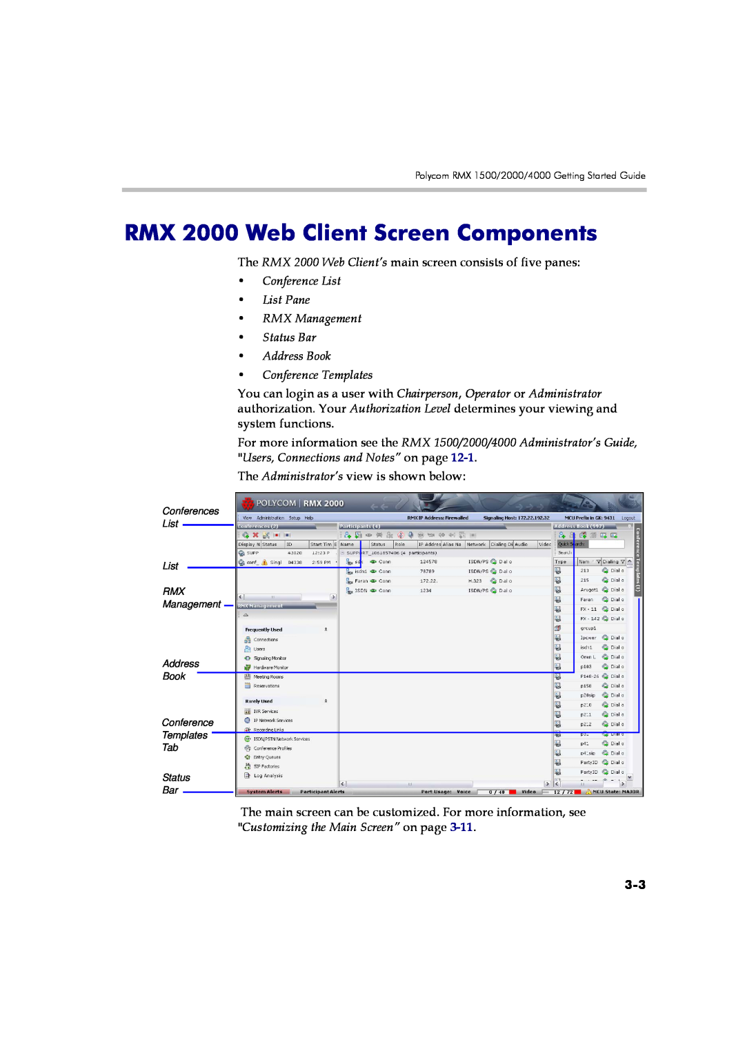 Polycom DOC2560A RMX 2000 Web Client Screen Components, Conference List List Pane RMX Management Status Bar Address Book 