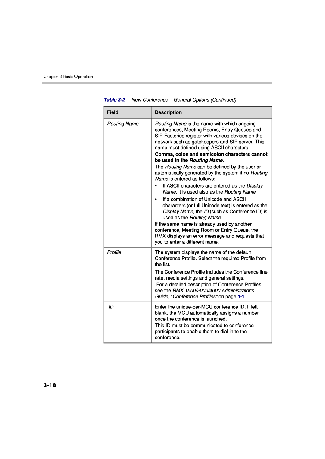 Polycom DOC2560A manual 3-18, Field, Description, Comma, colon and semicolon characters cannot, be used in the Routing Name 