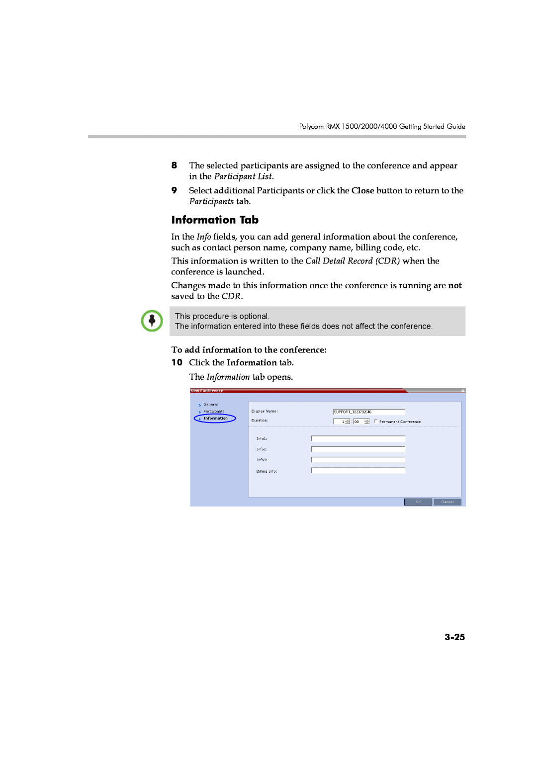 Polycom DOC2560B manual Information Tab, To add information to the conference, 3-25 