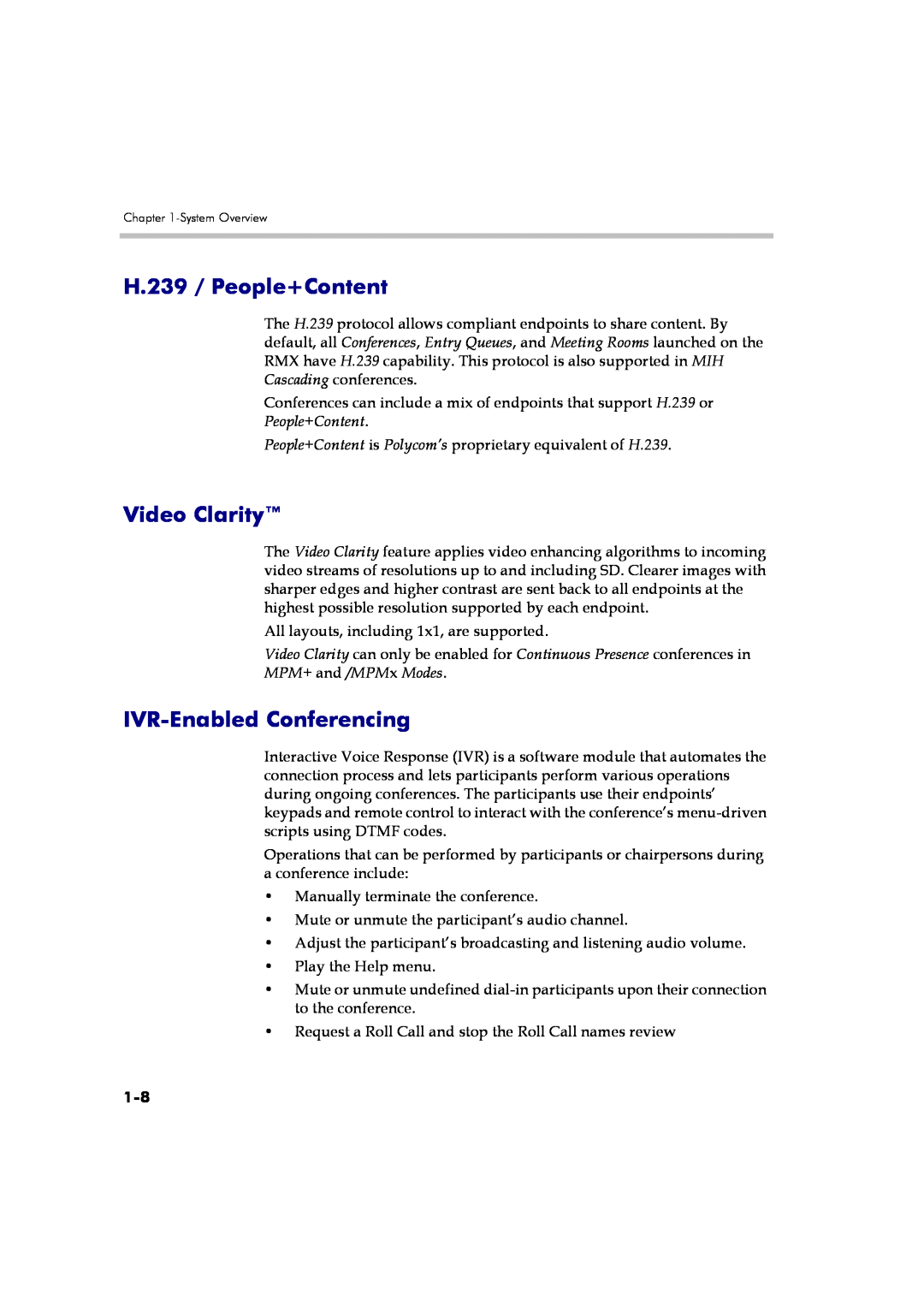 Polycom DOC2560B manual H.239 / People+Content, Video Clarity, IVR-Enabled Conferencing 