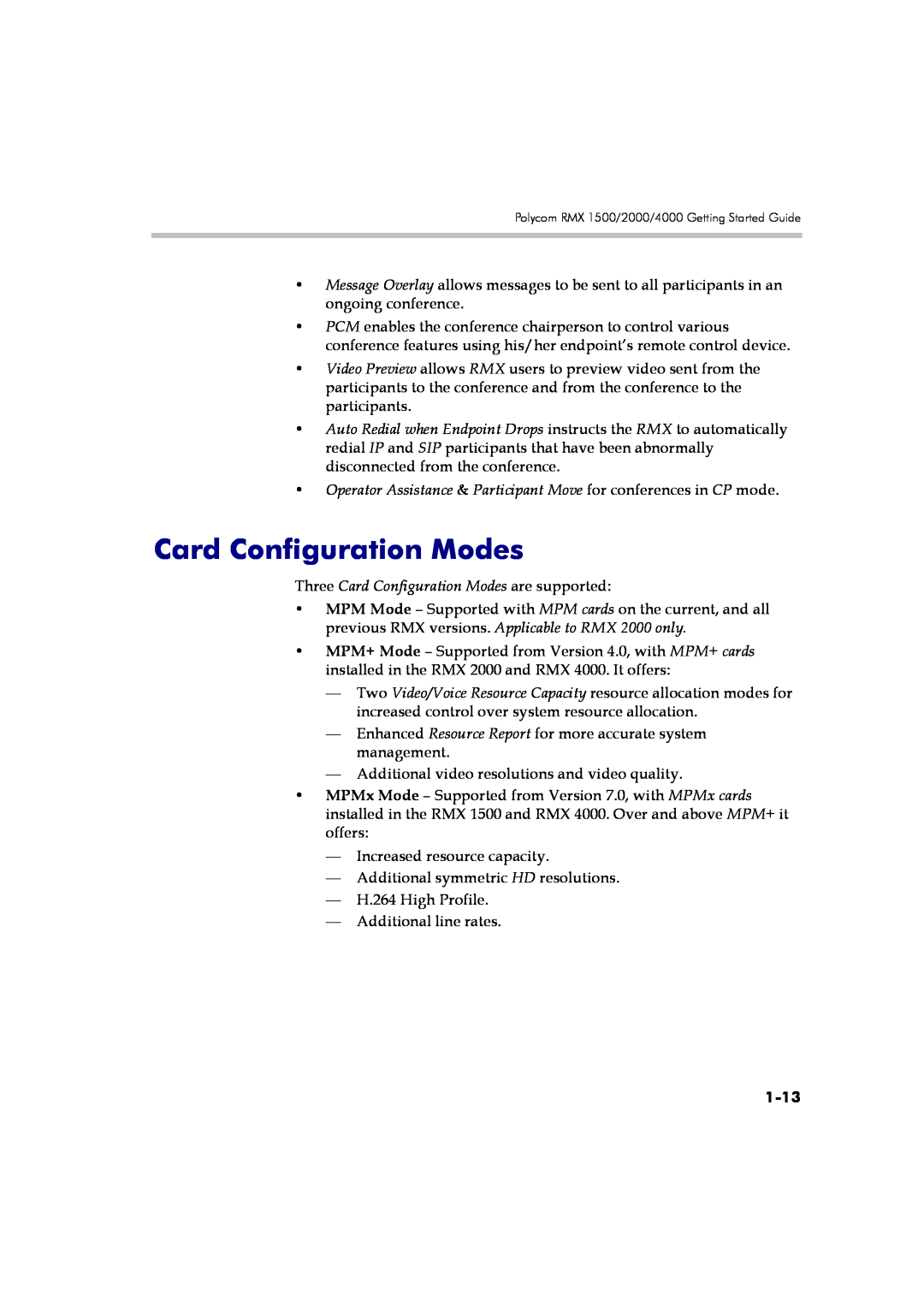 Polycom DOC2560B manual Card Configuration Modes, Operator Assistance & Participant Move for conferences in CP mode, 1-13 