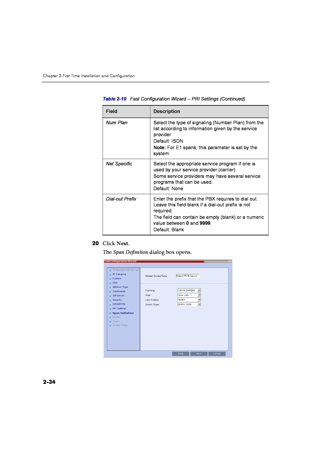 Polycom DOC2560B manual 2-34, Click Next The Span Definition dialog box opens, Field, Description 