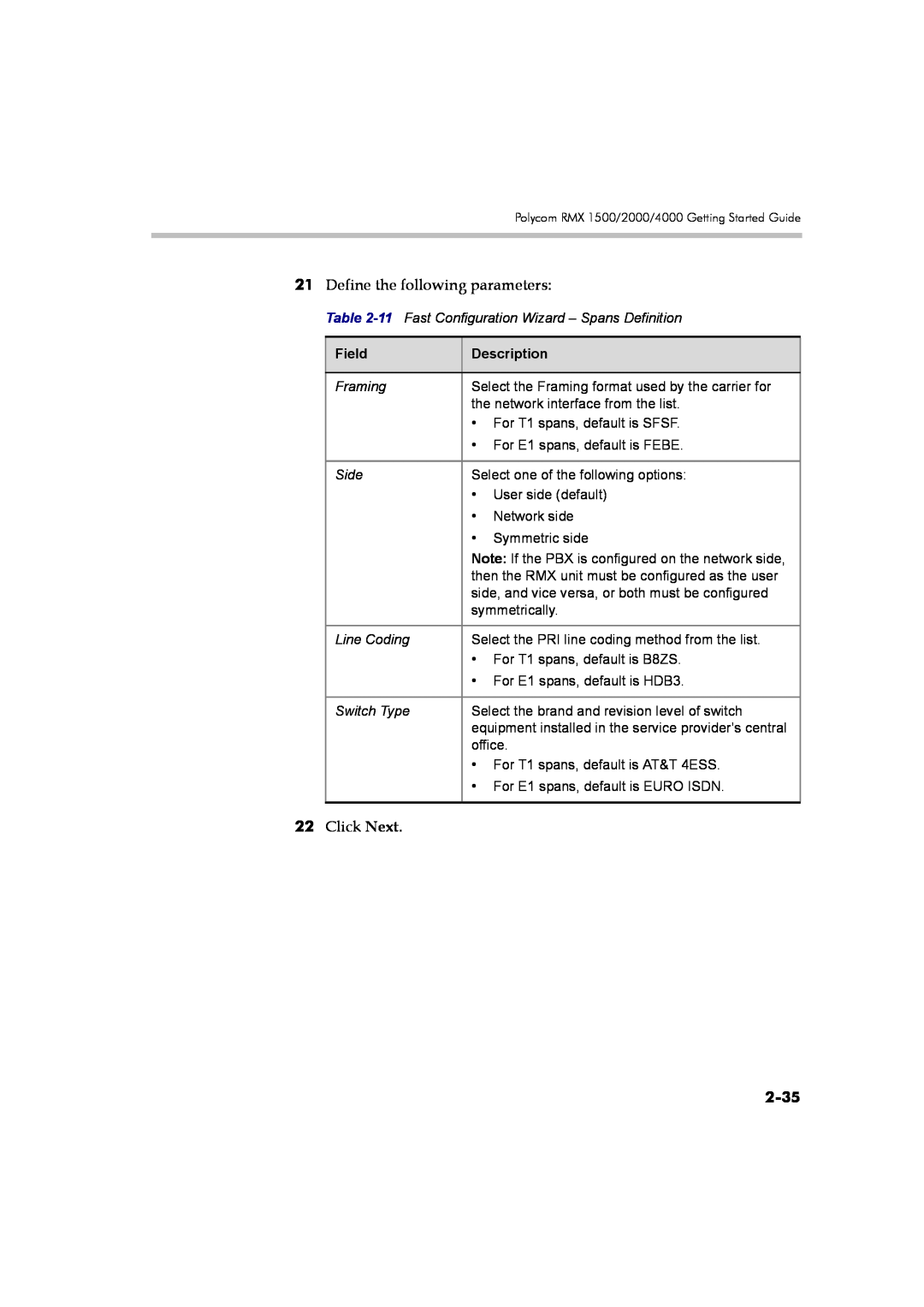Polycom DOC2560B manual 2-35, Define the following parameters, Click Next, Field, Description 