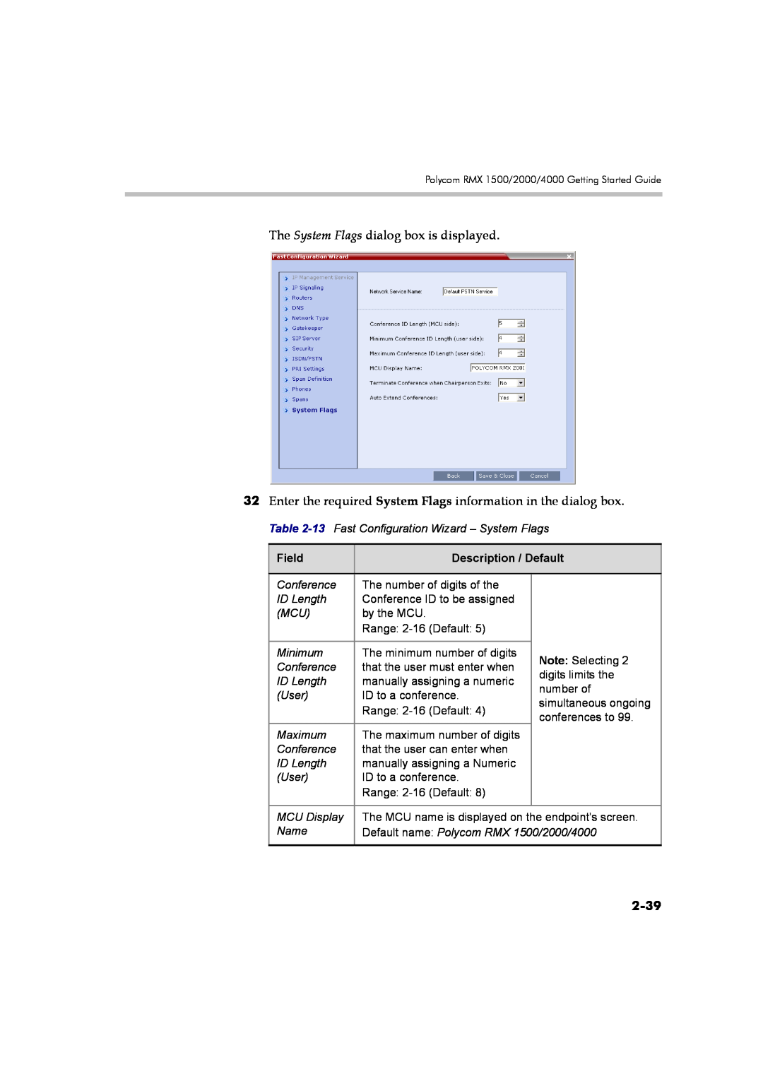 Polycom DOC2560B manual 2-39, The System Flags dialog box is displayed, Field, Description / Default 