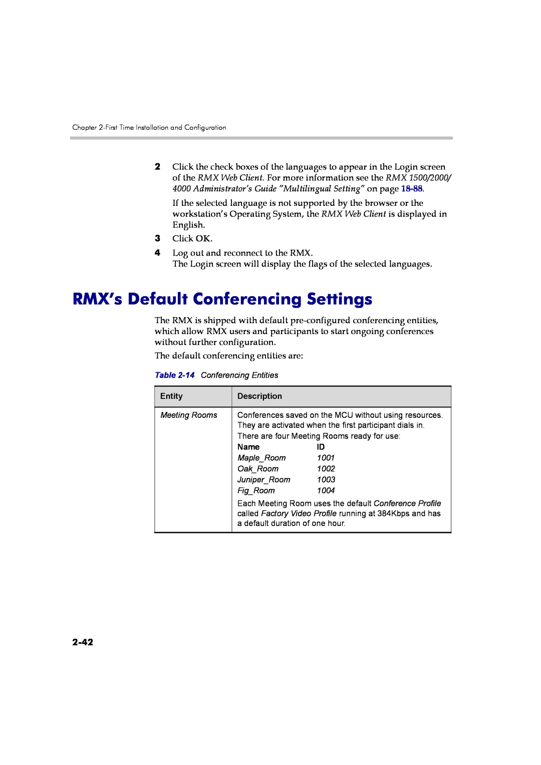 Polycom DOC2560B manual RMX’s Default Conferencing Settings, 2-42 