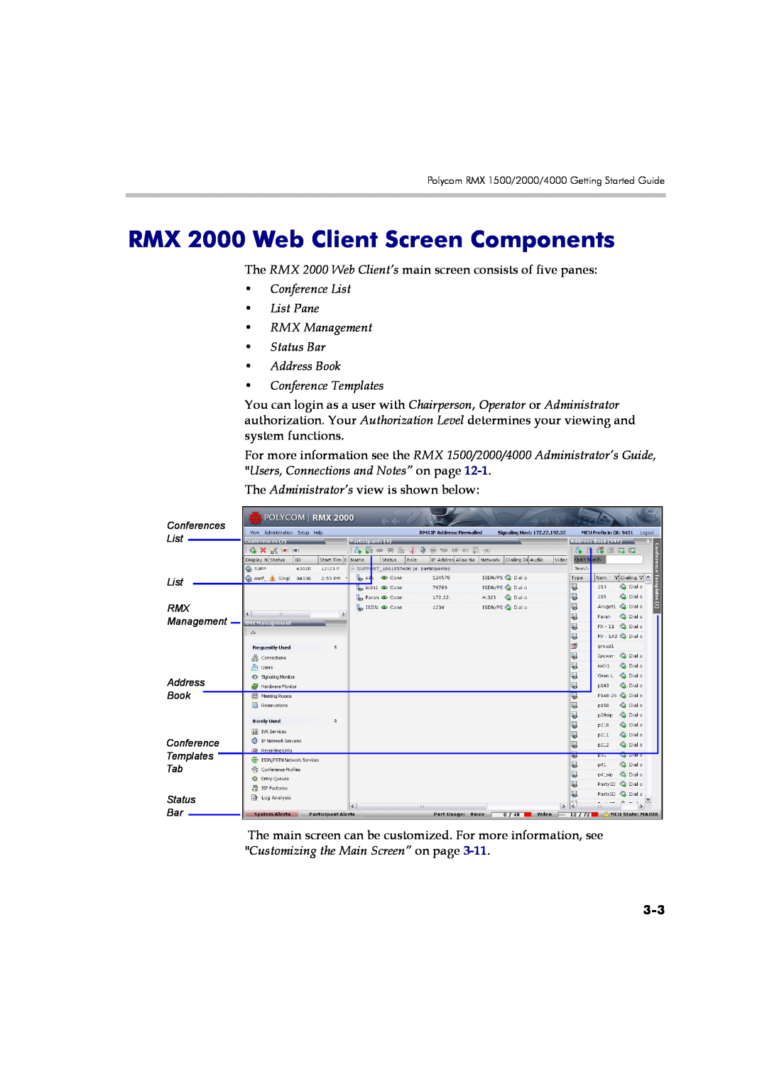 Polycom DOC2560B RMX 2000 Web Client Screen Components, Conference List List Pane RMX Management Status Bar Address Book 
