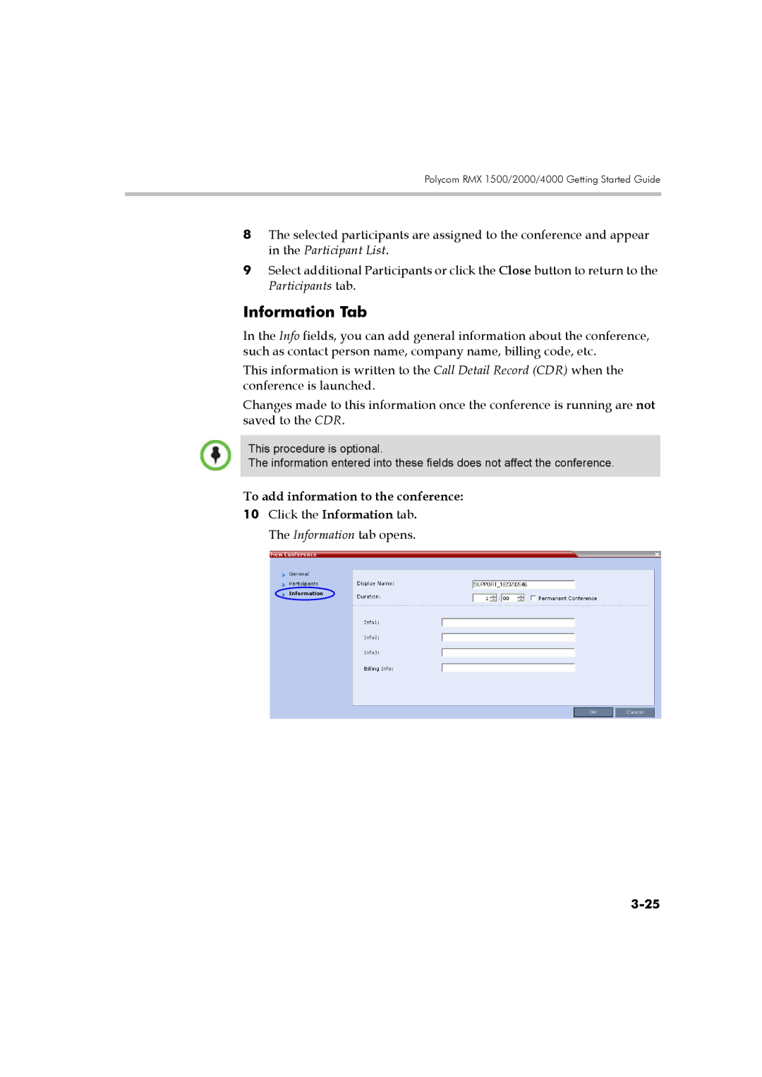 Polycom DOC2560B manual Information Tab, To add information to the conference 