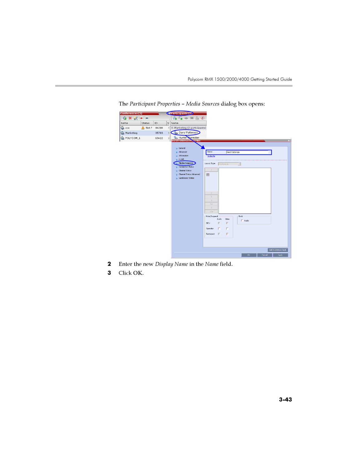 Polycom DOC2560B manual Participant Properties Media Sources dialog box opens 