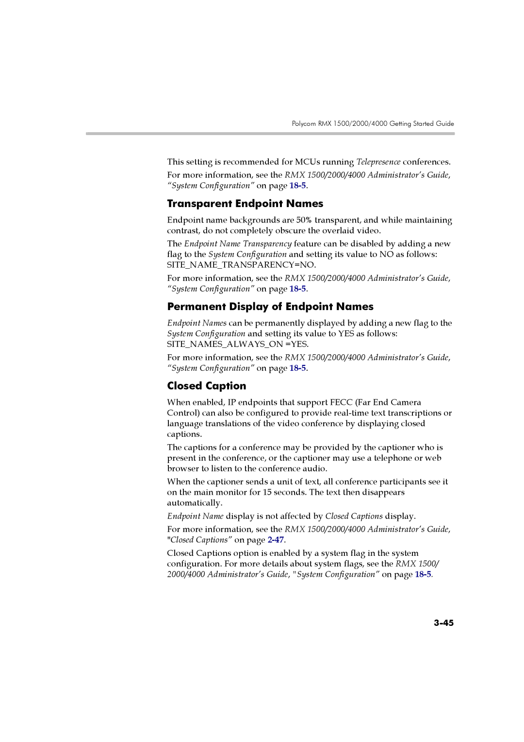 Polycom DOC2560B manual Transparent Endpoint Names, Permanent Display of Endpoint Names, Closed Caption 