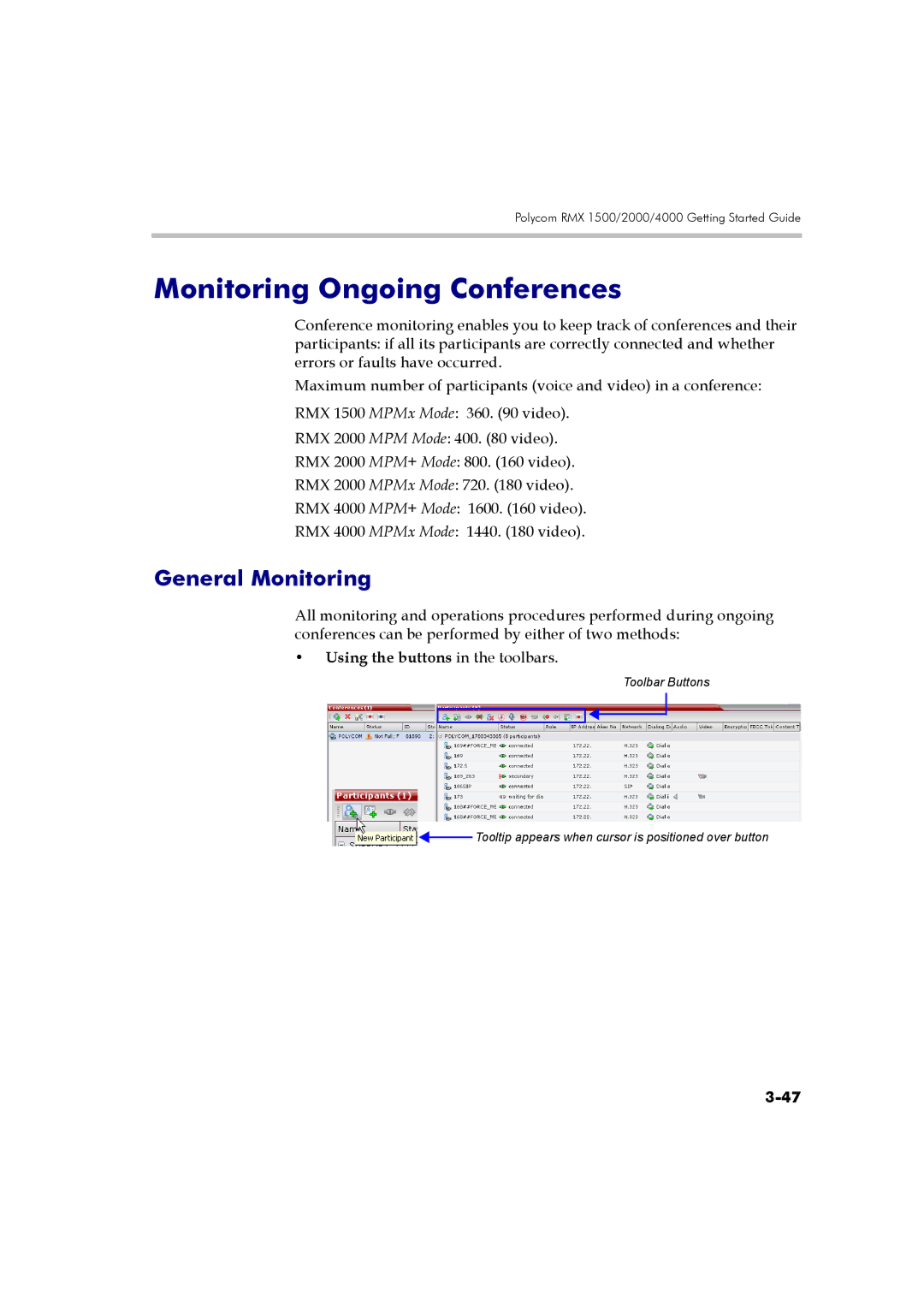 Polycom DOC2560B manual Monitoring Ongoing Conferences, General Monitoring, Using the buttons in the toolbars 