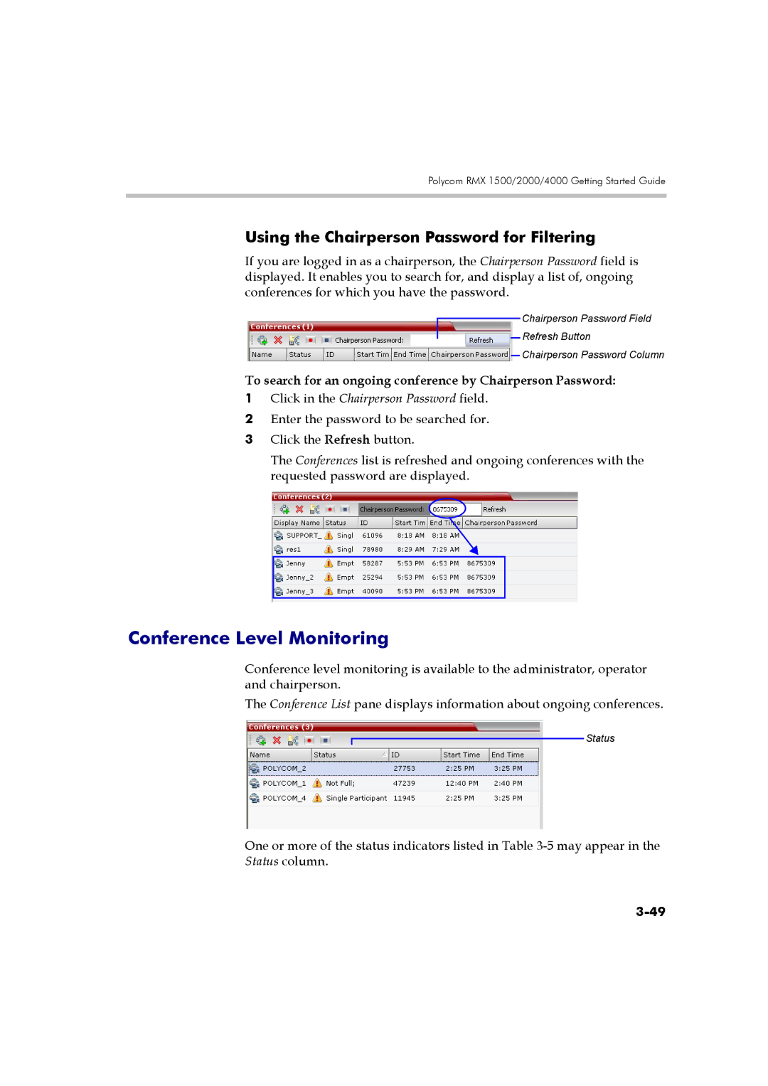 Polycom DOC2560B manual Conference Level Monitoring, Using the Chairperson Password for Filtering 