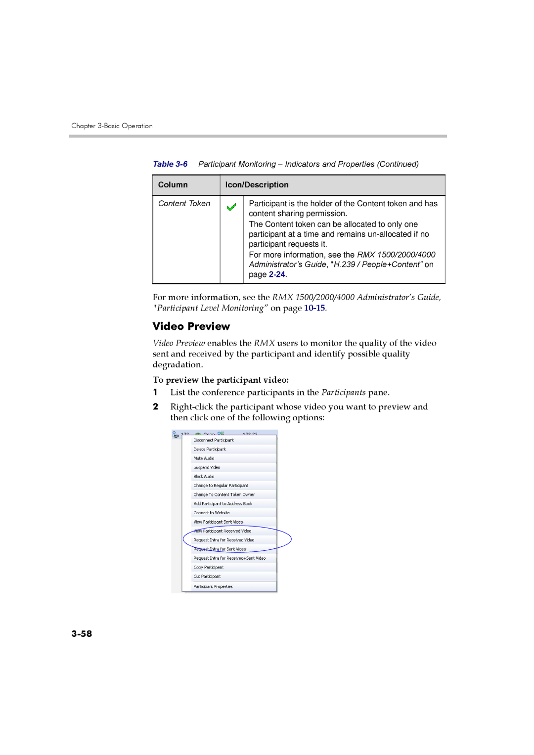 Polycom DOC2560B manual Video Preview, To preview the participant video 