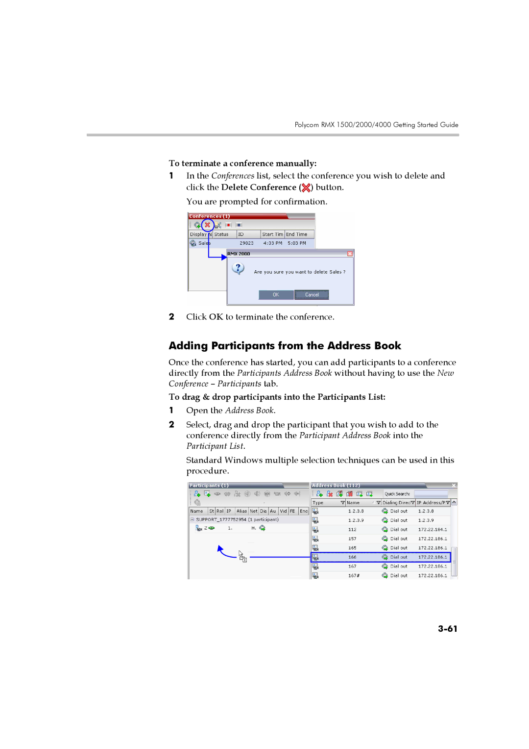 Polycom DOC2560B Adding Participants from the Address Book, To terminate a conference manually, Open the Address Book 