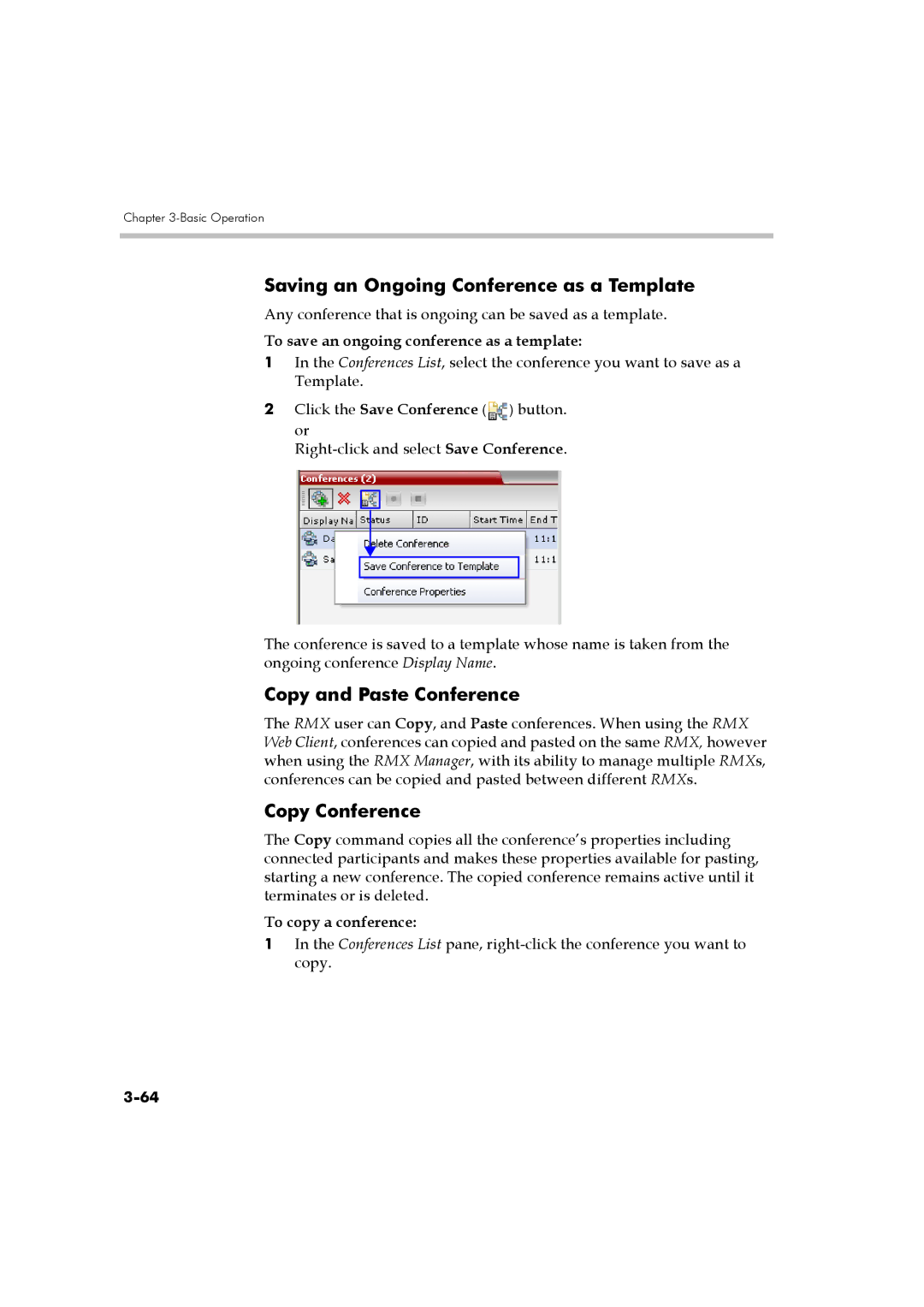 Polycom DOC2560B manual Saving an Ongoing Conference as a Template, Copy and Paste Conference, Copy Conference 