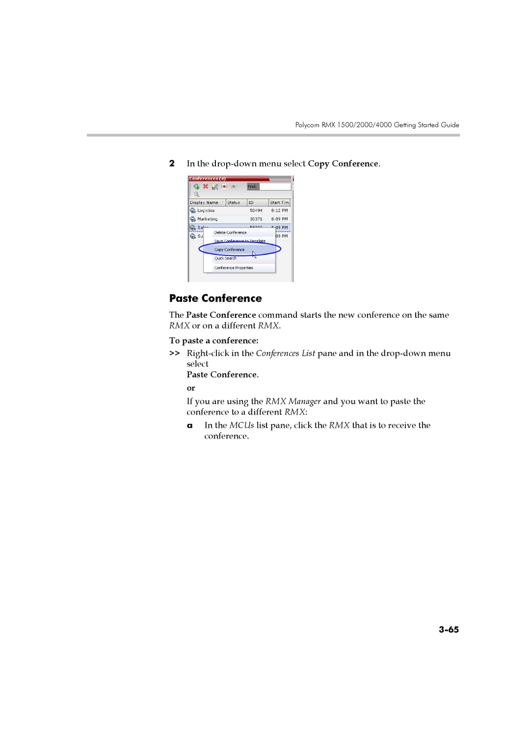 Polycom DOC2560B manual To paste a conference, Paste Conference. or 