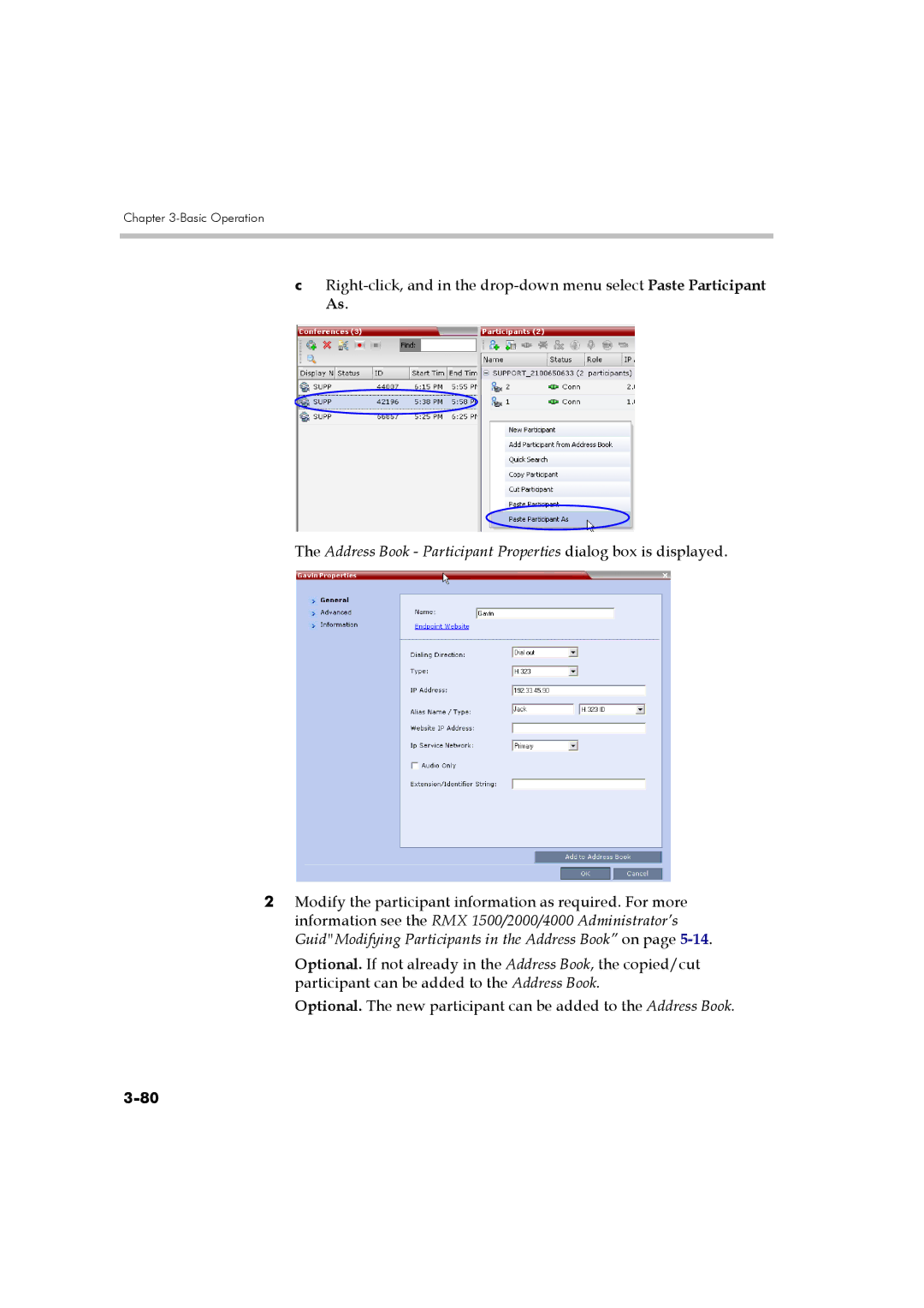 Polycom DOC2560B manual Address Book Participant Properties dialog box is displayed 