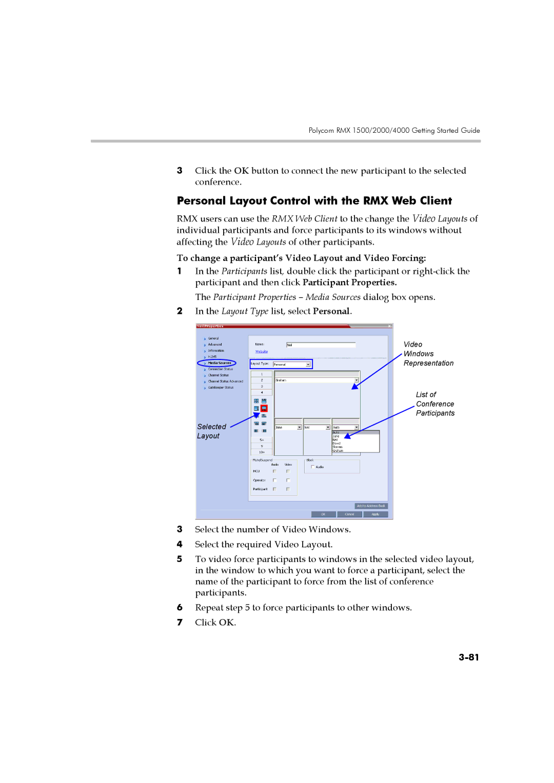 Polycom DOC2560B Personal Layout Control with the RMX Web Client, To change a participant’s Video Layout and Video Forcing 