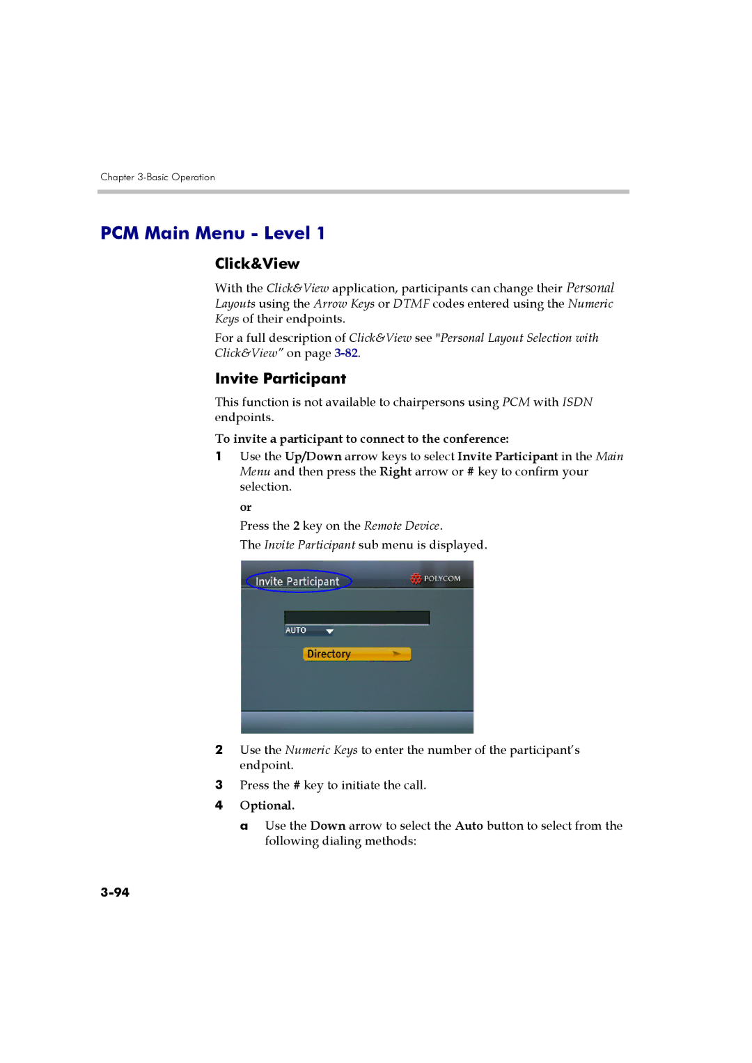 Polycom DOC2560B PCM Main Menu Level, Click&View, Invite Participant, To invite a participant to connect to the conference 