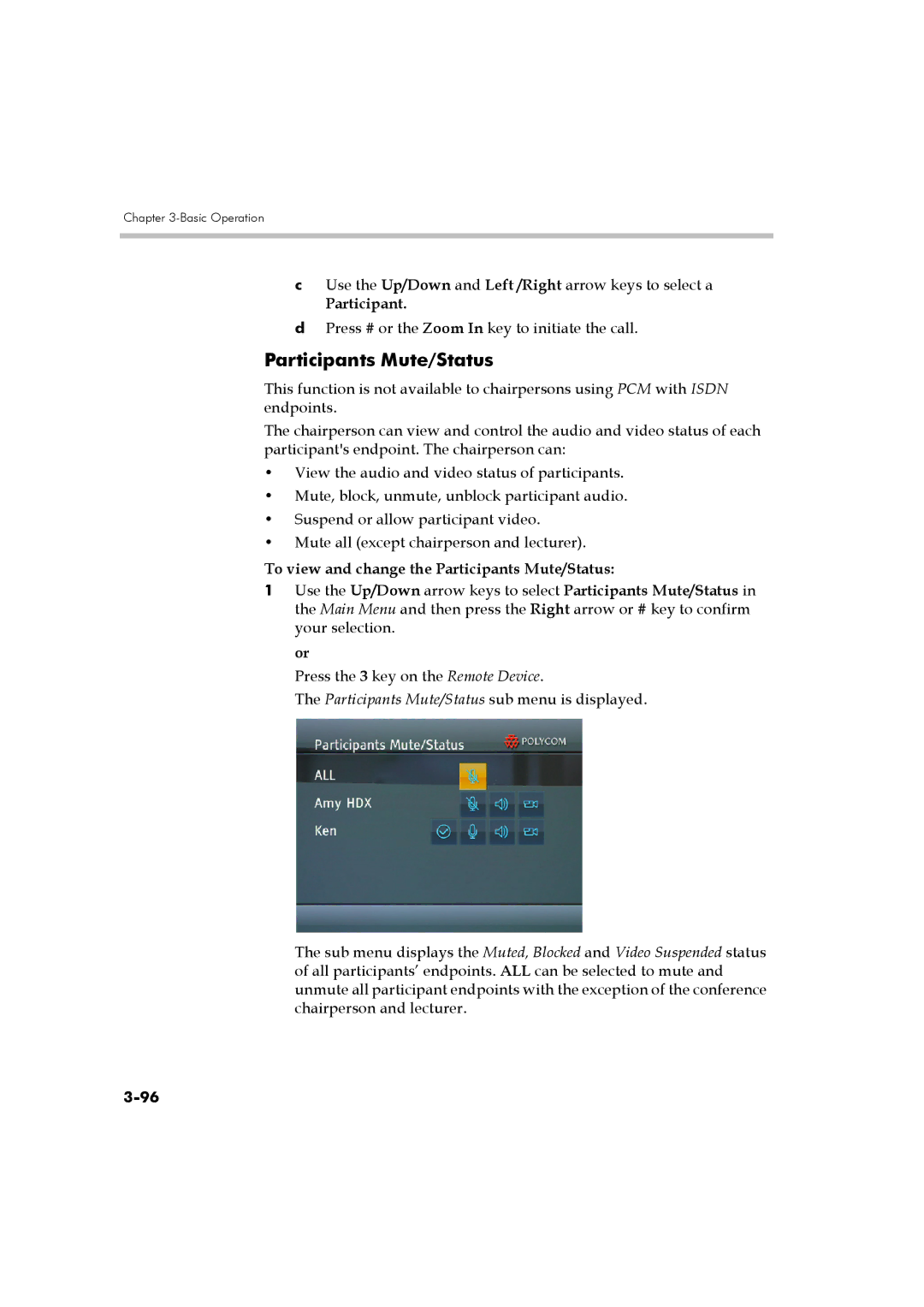 Polycom DOC2560B manual To view and change the Participants Mute/Status 