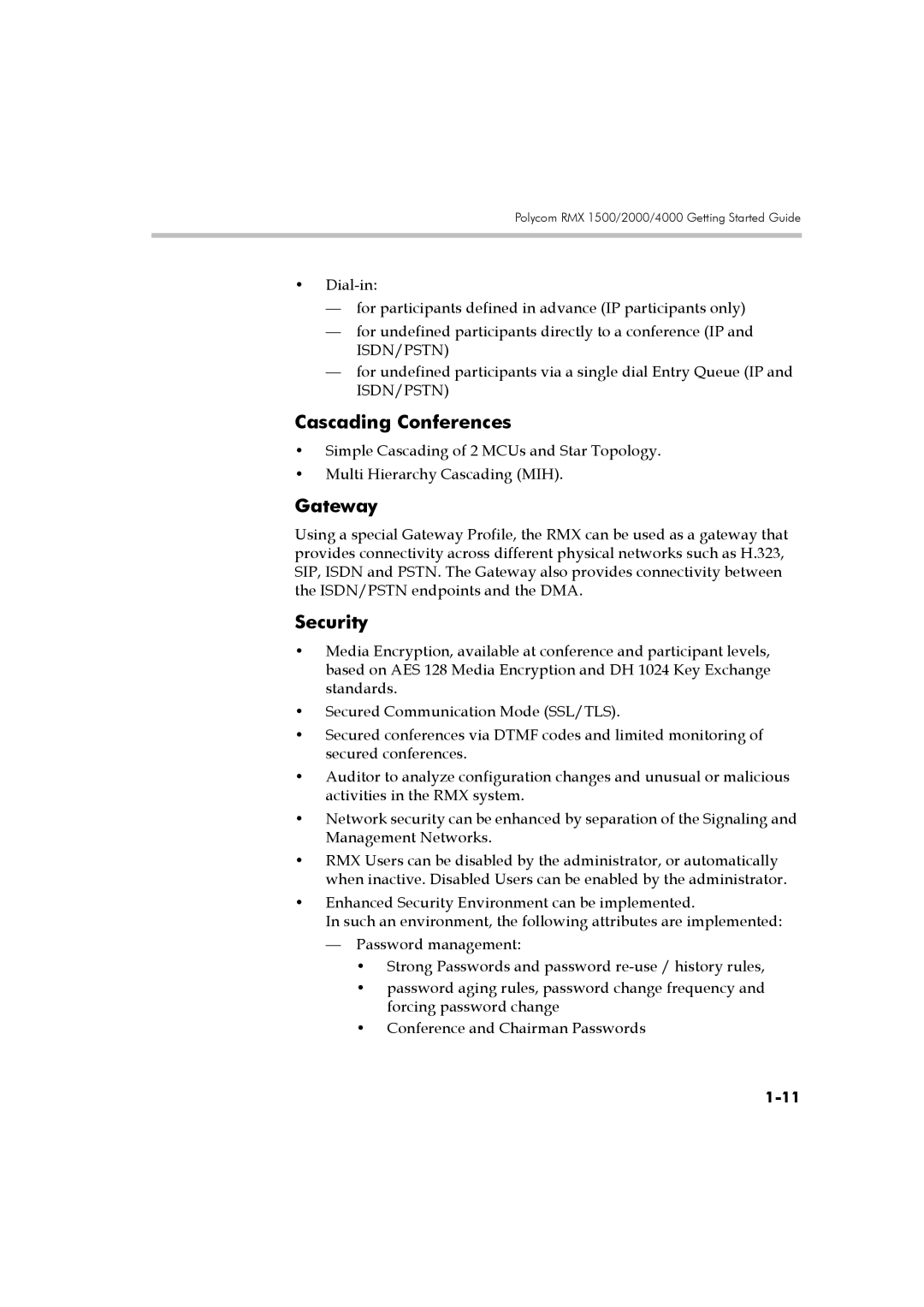 Polycom DOC2560B manual Cascading Conferences, Gateway, Security 