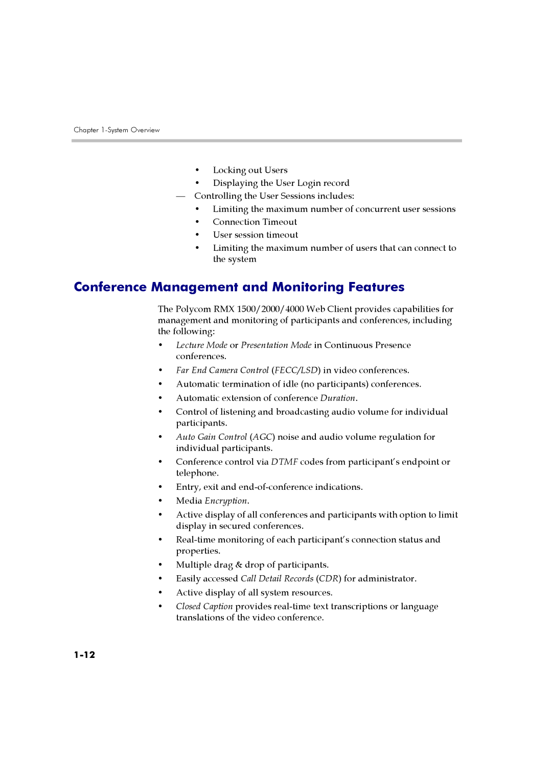 Polycom DOC2560B manual Conference Management and Monitoring Features, Far End Camera Control FECC/LSD in video conferences 