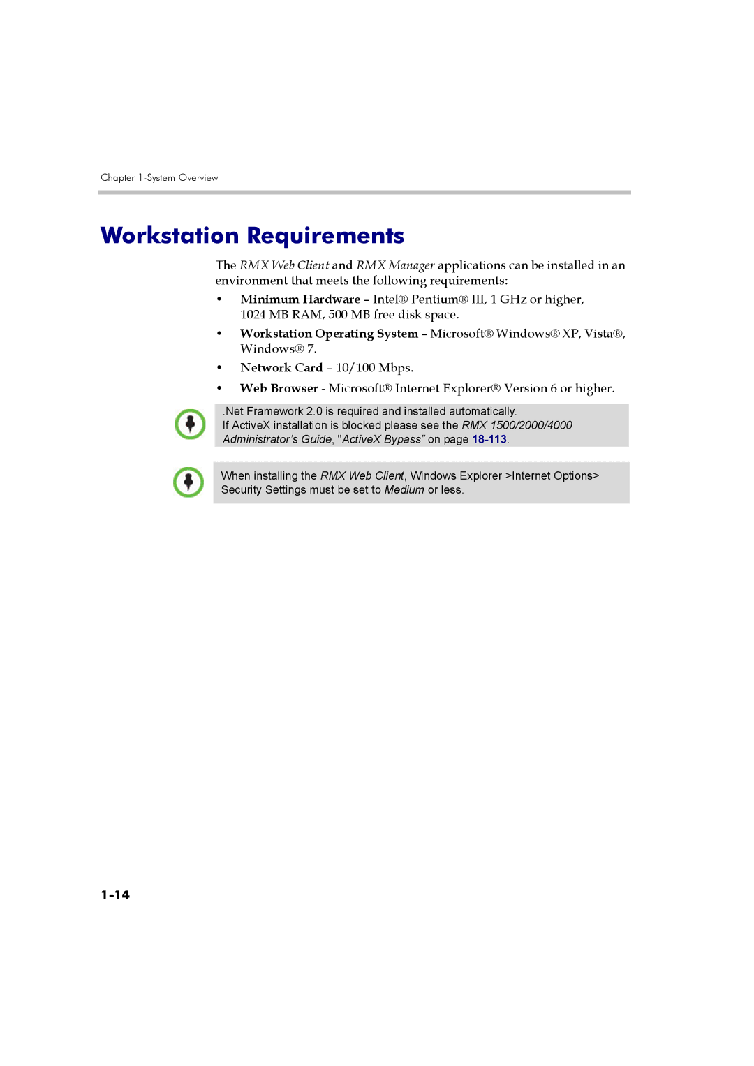 Polycom DOC2560B manual Workstation Requirements, Net Framework 2.0 is required and installed automatically 