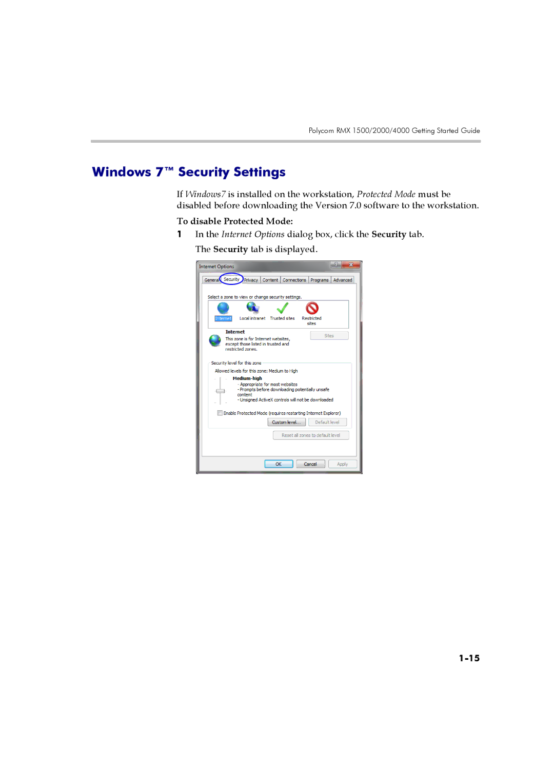 Polycom DOC2560B manual Windows 7 Security Settings, To disable Protected Mode 