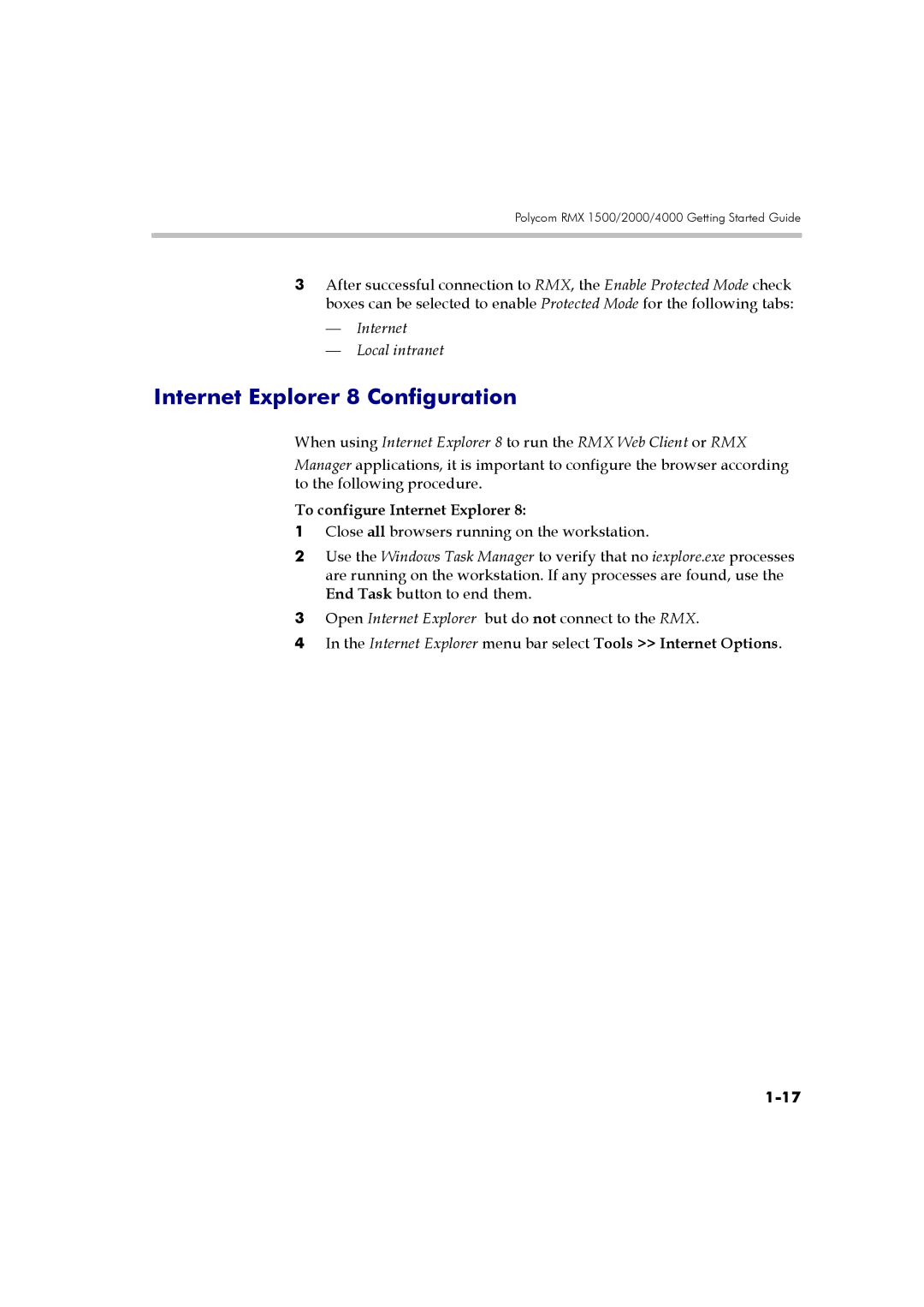 Polycom DOC2560B manual Internet Explorer 8 Configuration, Internet Local intranet, To configure Internet Explorer 