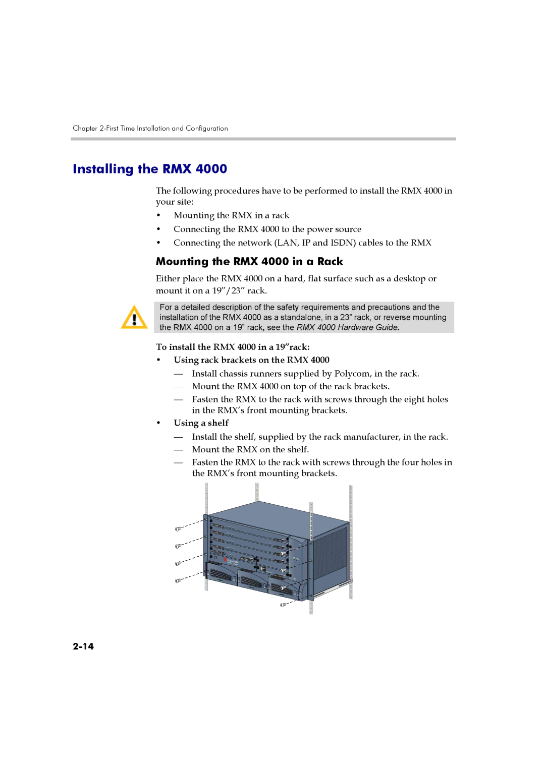 Polycom DOC2560B manual Mounting the RMX 4000 in a Rack, Using a shelf 