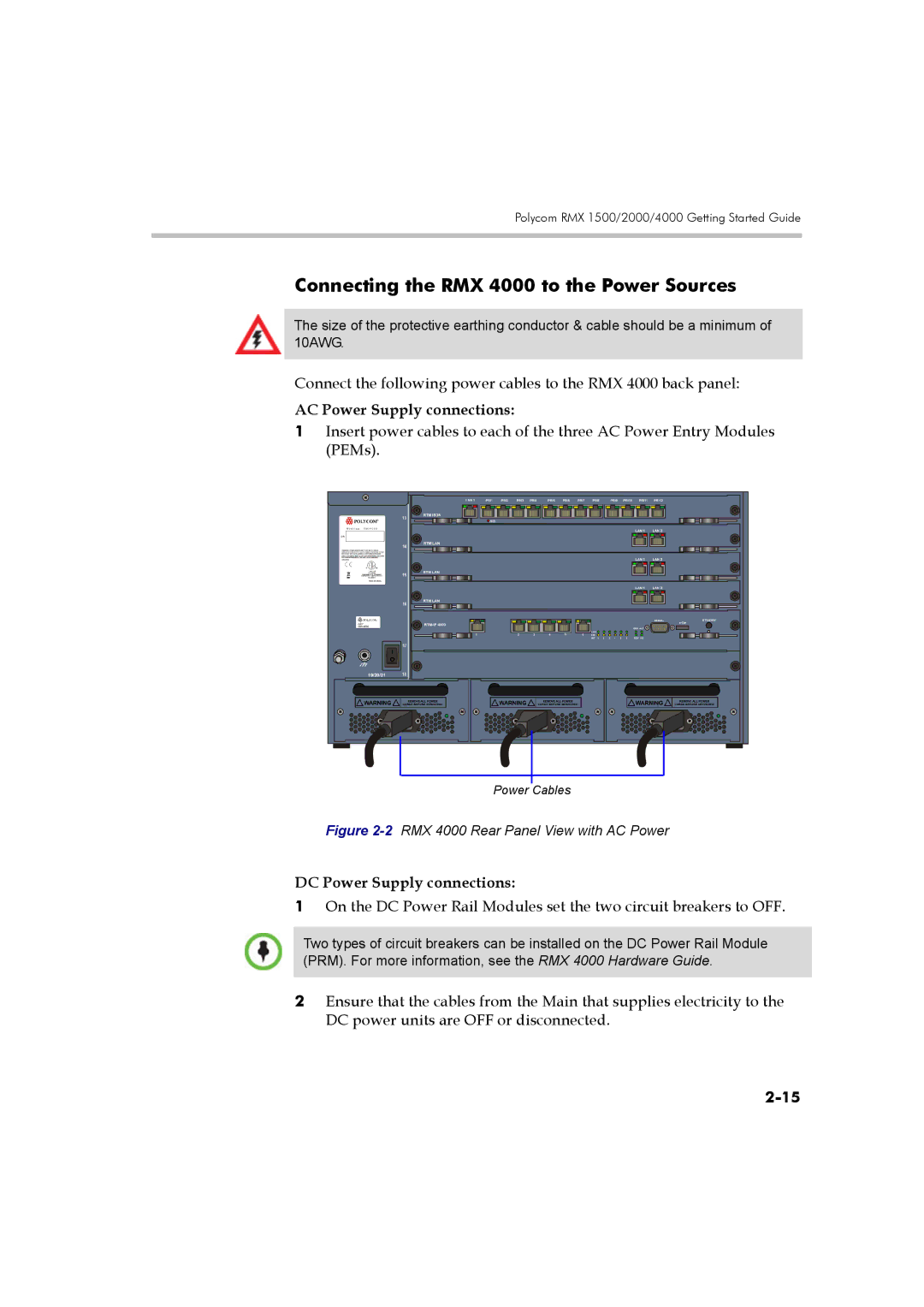 Polycom DOC2560B Connecting the RMX 4000 to the Power Sources, AC Power Supply connections, DC Power Supply connections 